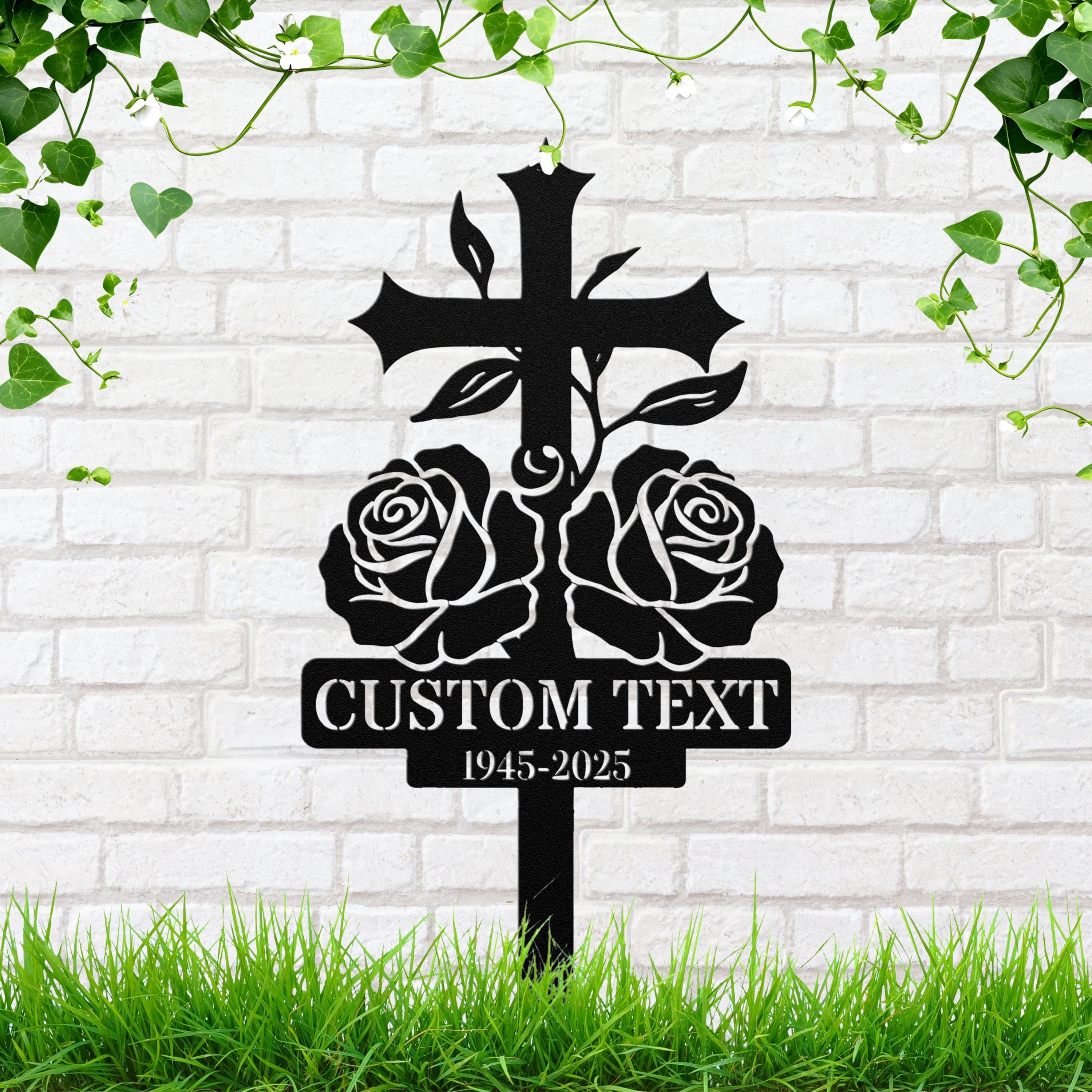 Rose Cross Memorial Grave Marker, Personalized Sympathy Gift, Custom Text Remembrance Garden Stake Plaque
