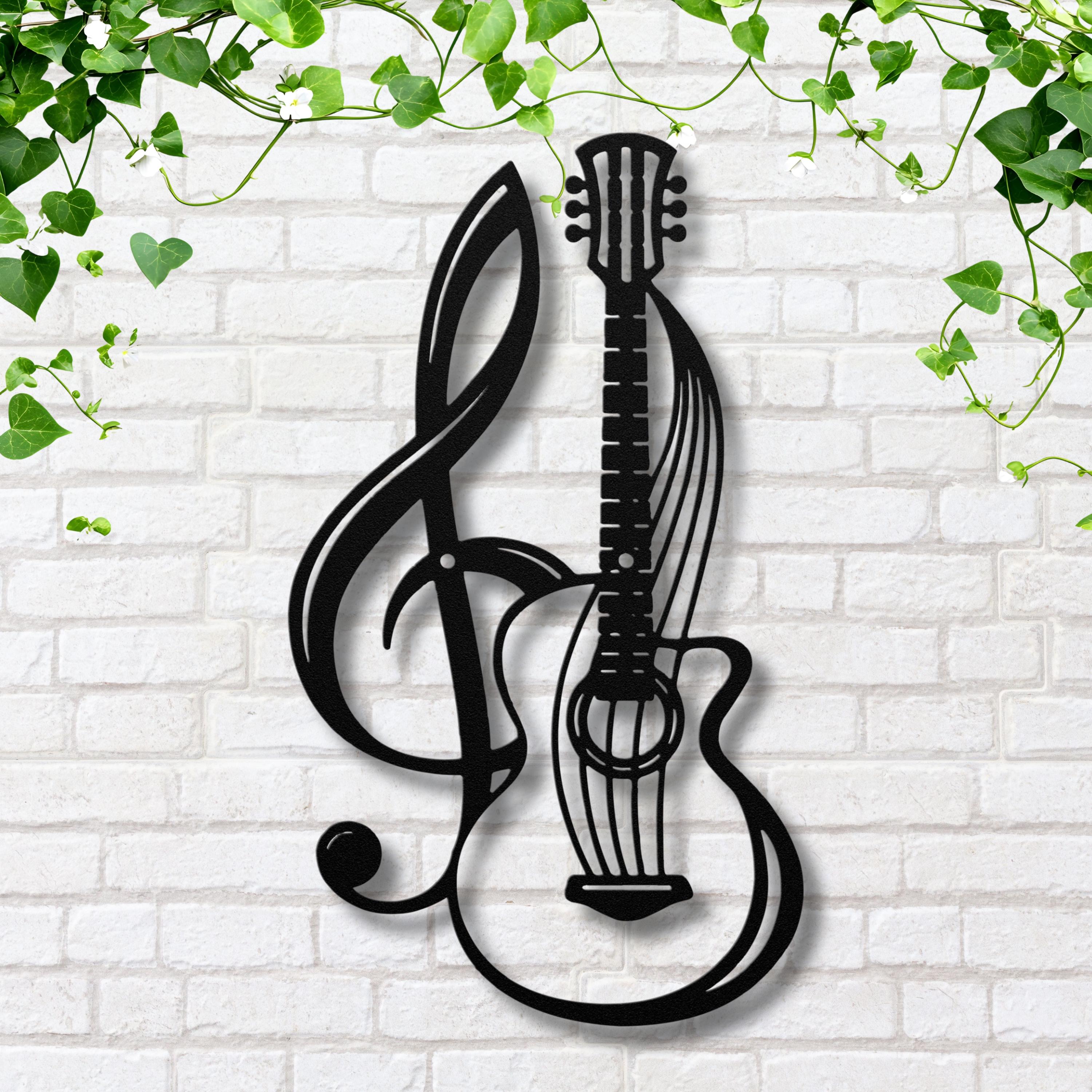 Guitar and Treble Clef Metal Art, Music Instrument Die-Cut Sign, Musician Gift, Black Wall Decor, Artistic Sound Home Accent