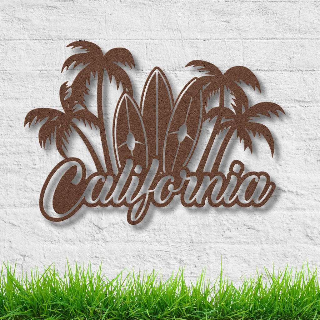 California Metal Sign, Surfboard Palm Tree Coastal Wall Decor