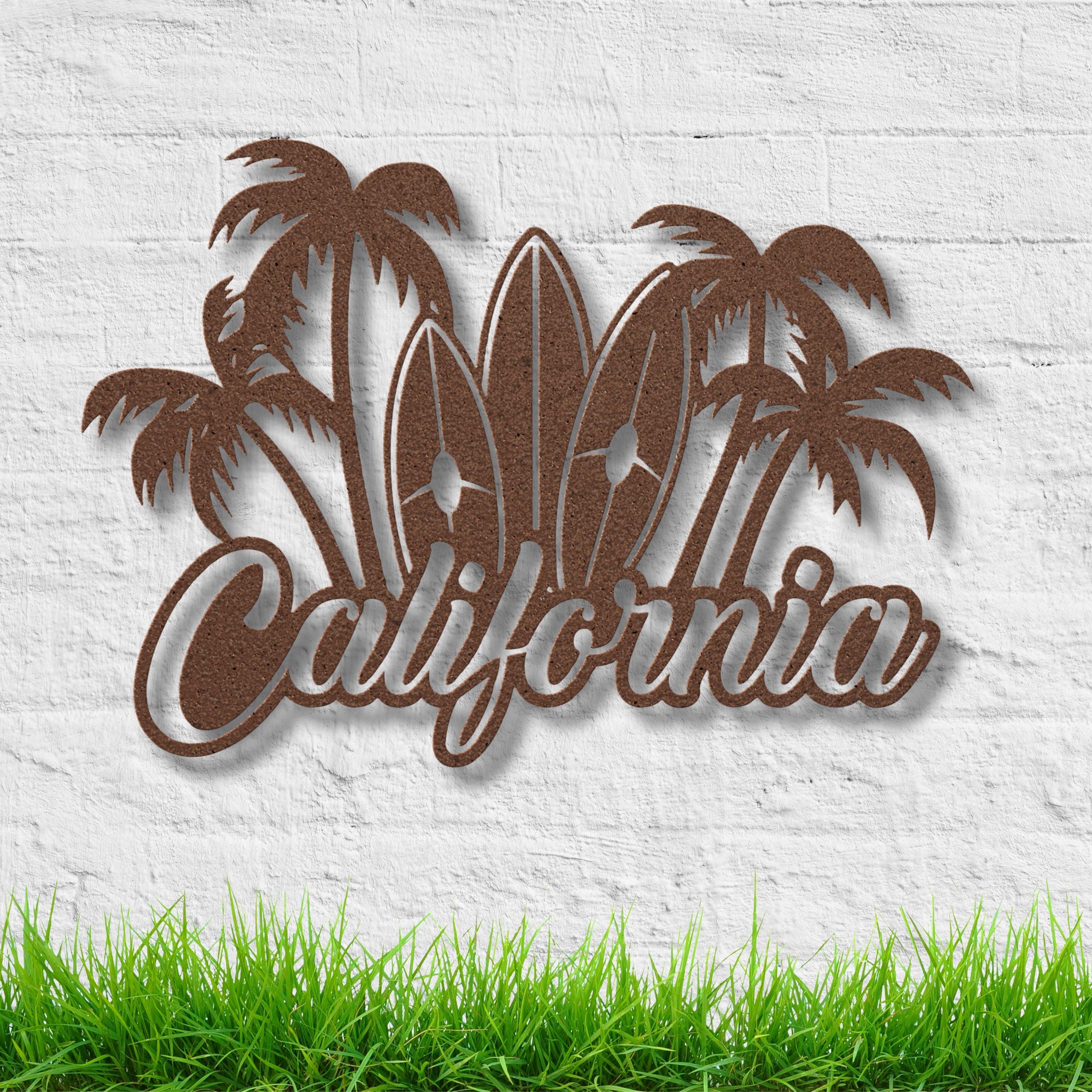 California Metal Sign, Surfboard Palm Tree Coastal Wall Decor