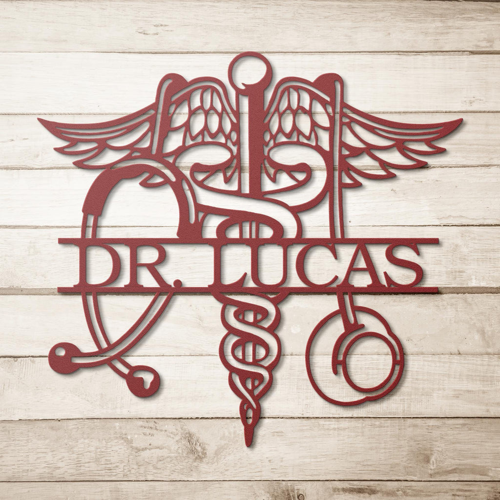 Personalized Doctor Metal Sign, Caduceus Stethoscope Art