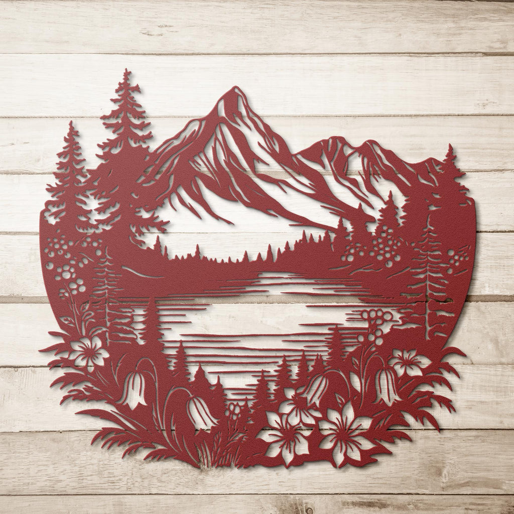 Mountain Metal Wall Art, Lake Cabin Decor, Rustic Pine Tree Silhouette