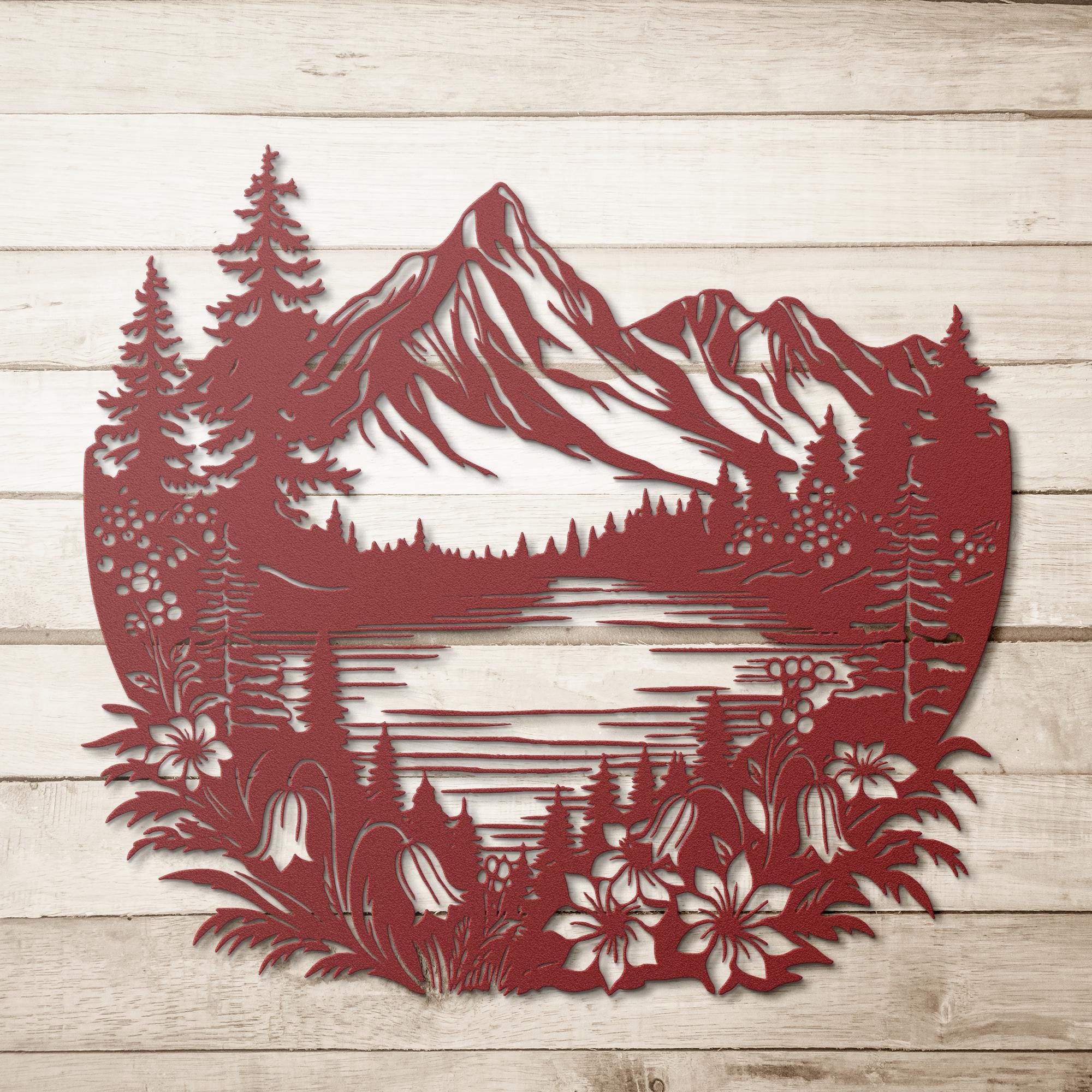 Mountain Metal Wall Art, Lake Cabin Decor, Rustic Pine Tree Silhouette