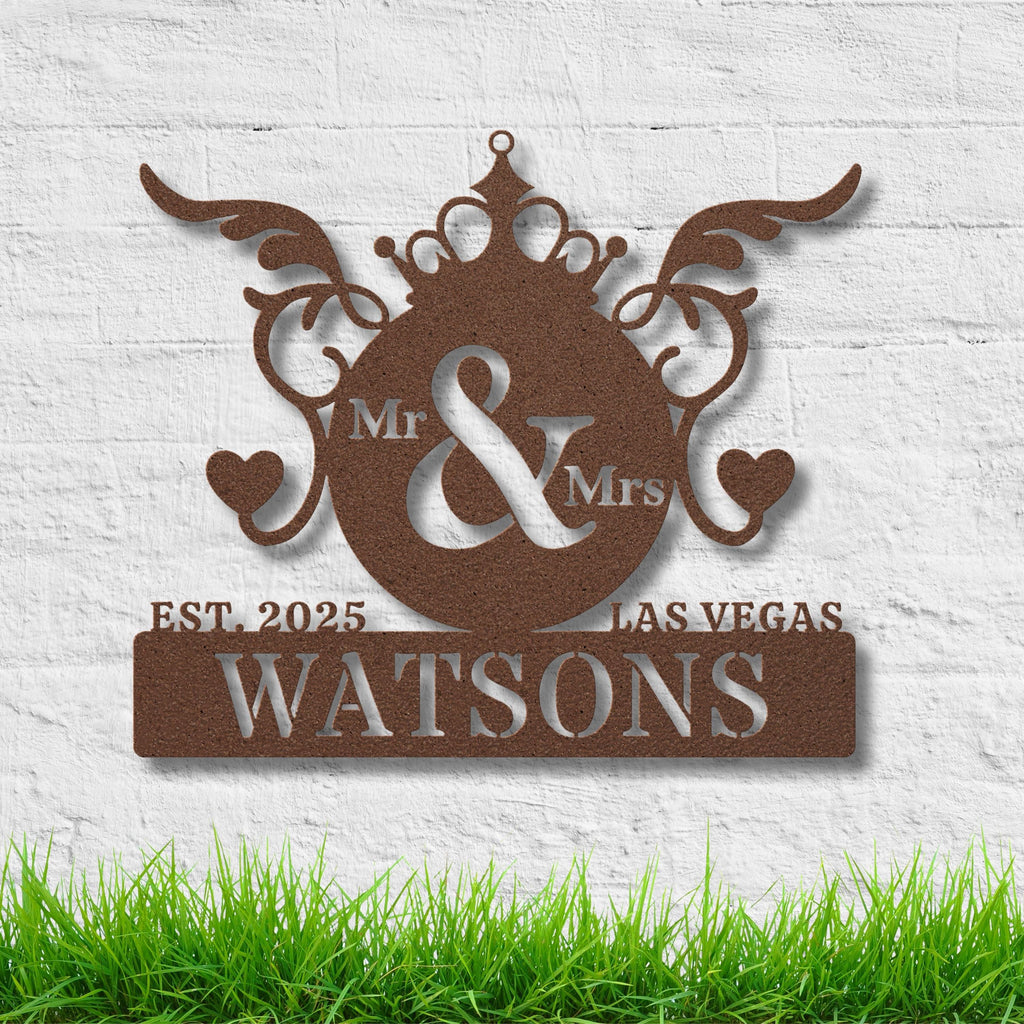 Personalized Wedding Sign, Mr & Mrs Monogram, Custom Last Name Metal Art, Crown Heart Die Cut