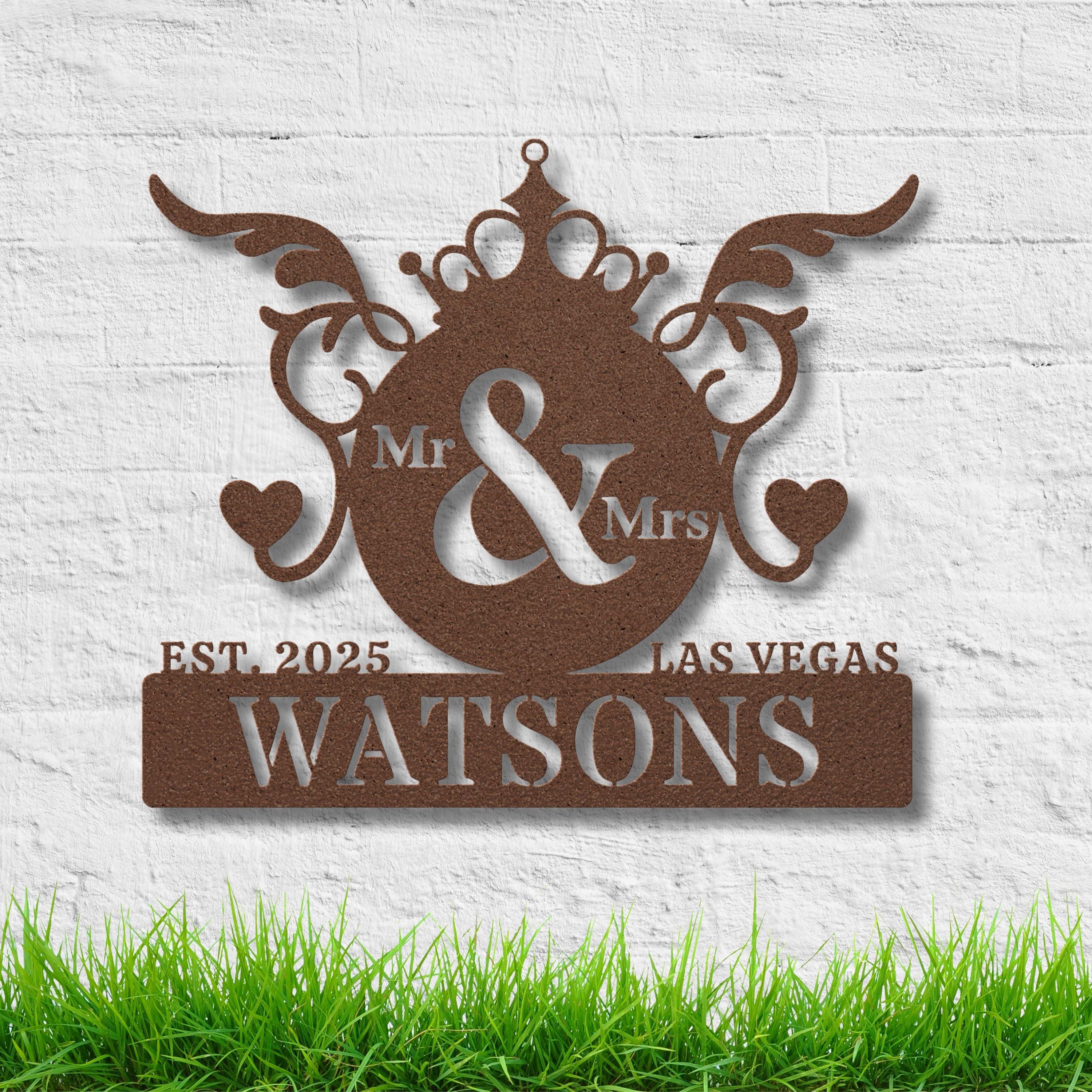 Personalized Wedding Sign, Mr & Mrs Monogram, Custom Last Name Metal Art, Crown Heart Die Cut