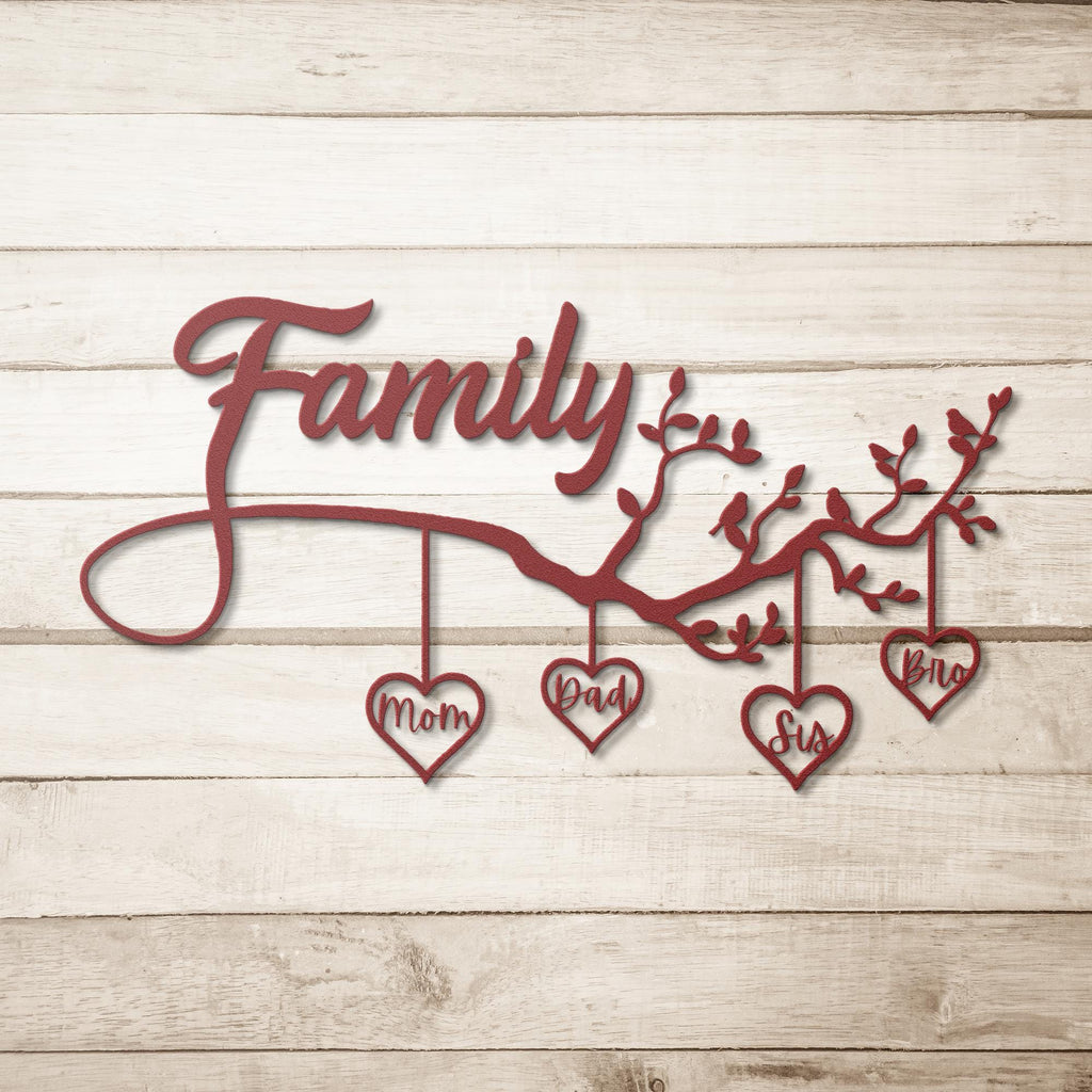 Personalized Family Tree Sign - Custom Metal Wall Art With Hanging Heart Names