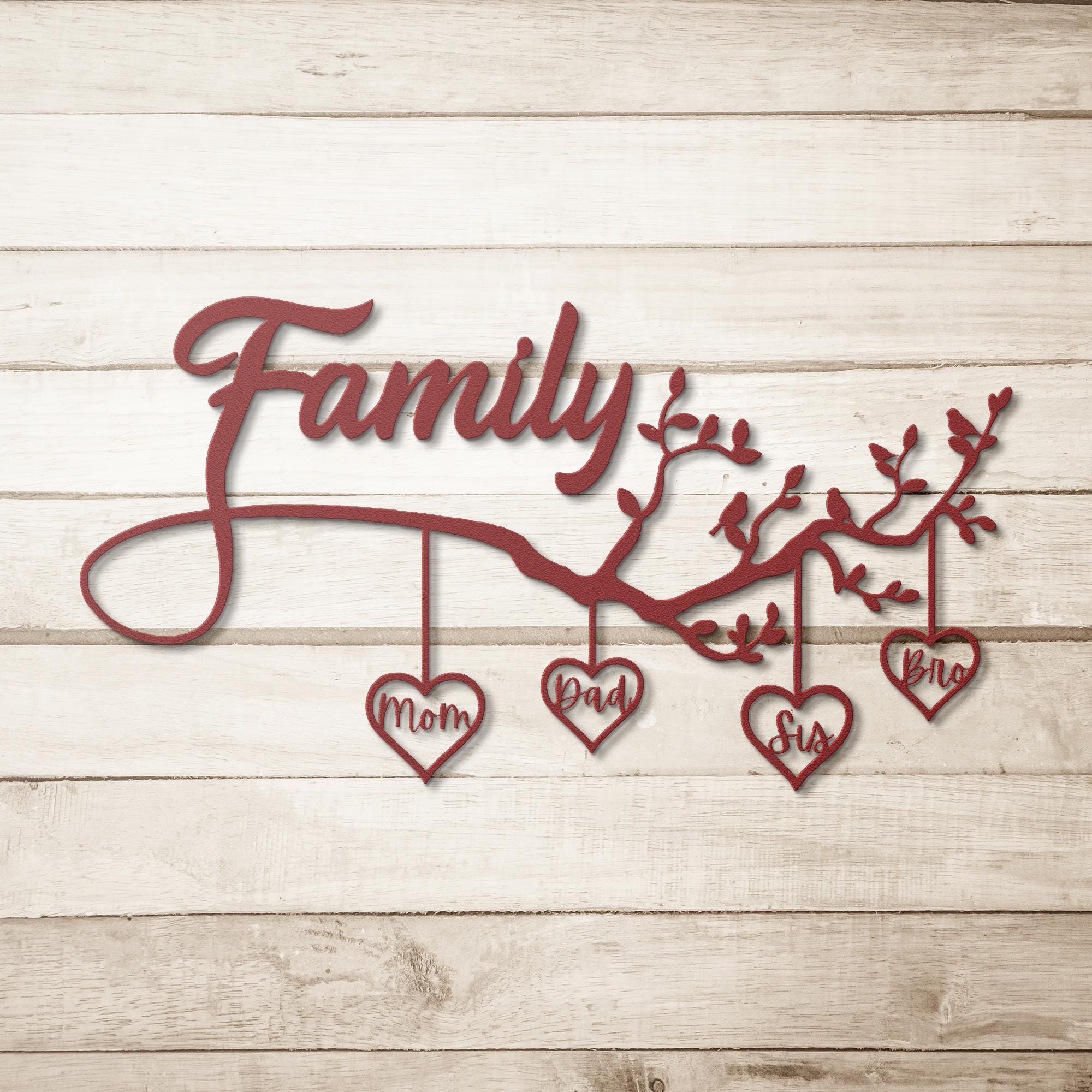 Personalized Family Tree Sign - Custom Metal Wall Art With Hanging Heart Names