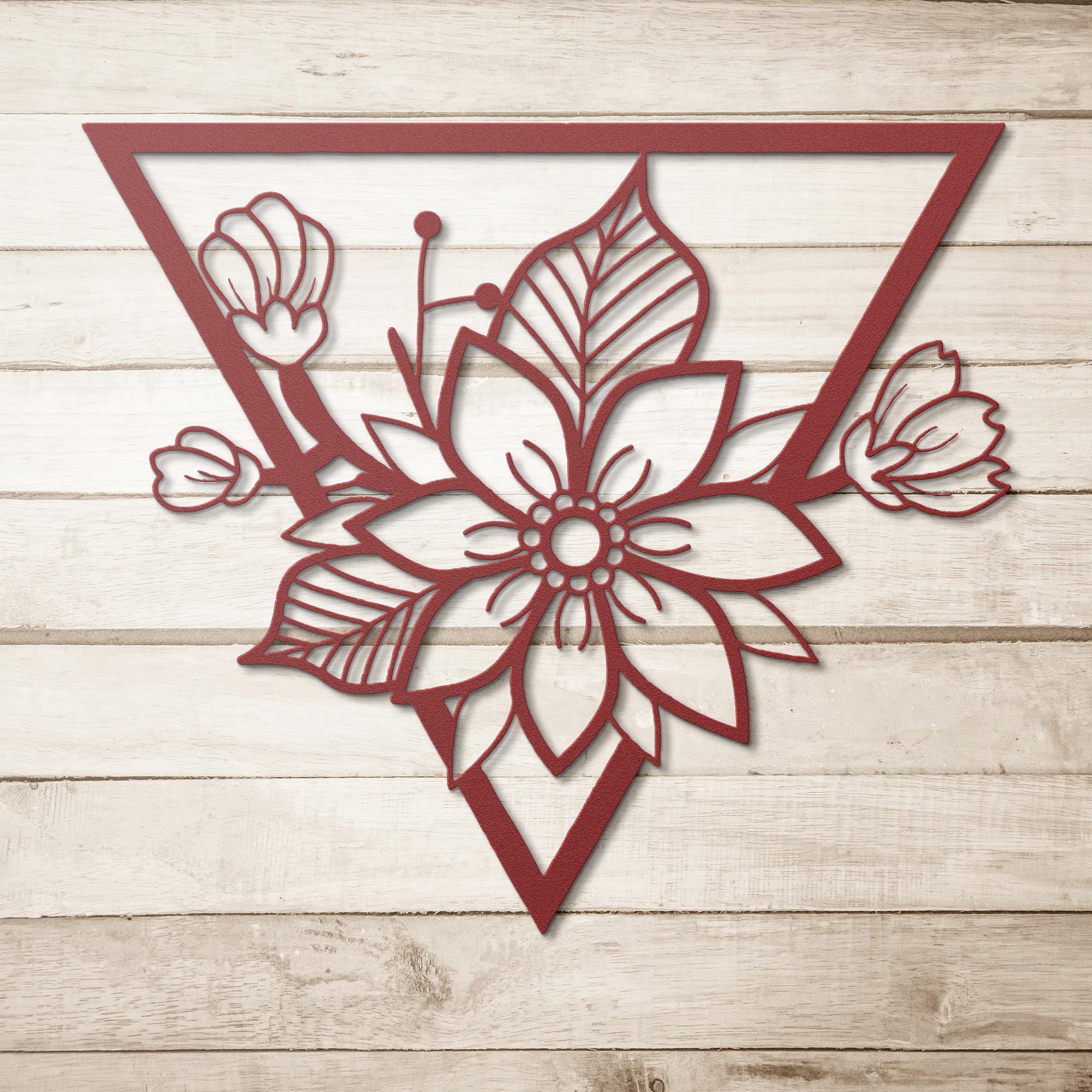 Geometric Floral Metal Wall Art, Flower Triangle Sign, Boho Bedroom Home Decor