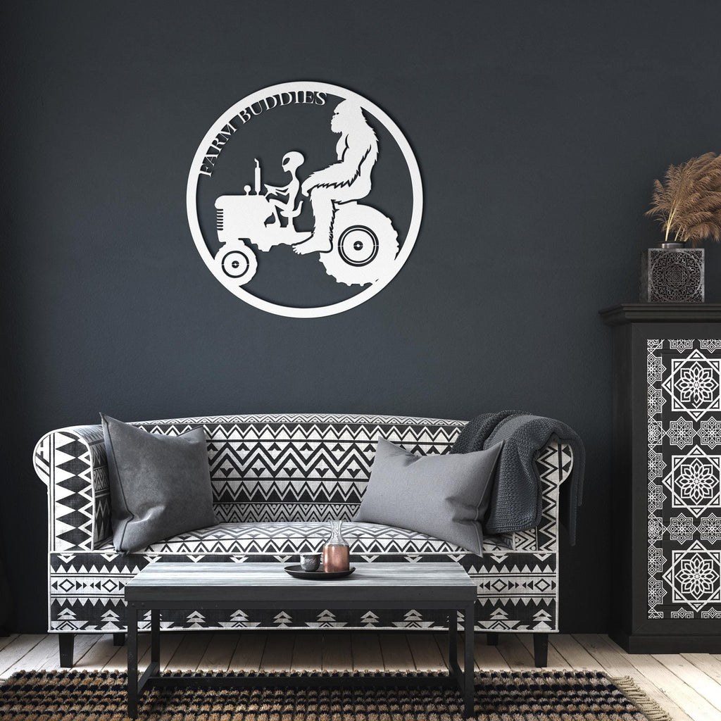 Farm Buddies Metal Sign: Alien & Gorilla on Tractor, Custom Powder Coat