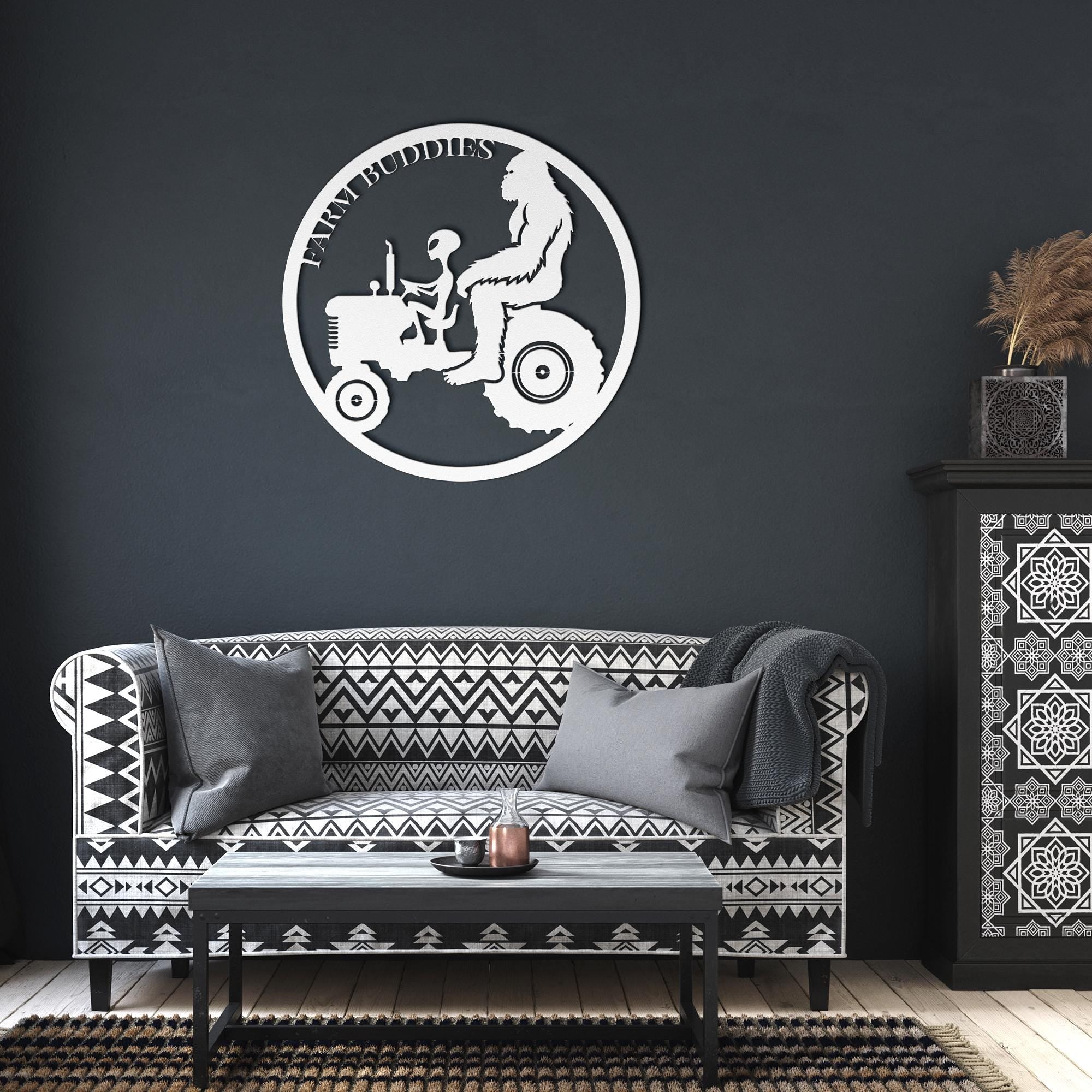 Farm Buddies Metal Sign: Alien & Gorilla on Tractor, Custom Powder Coat