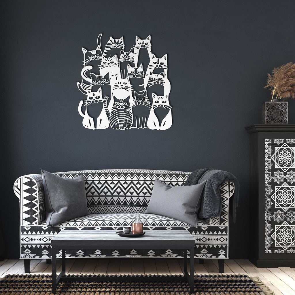 Grumpy Cat Group Metal Wall Art | Die-Cut Black & White Kitten Silhouette | Funky Pet Lover Decor Gift