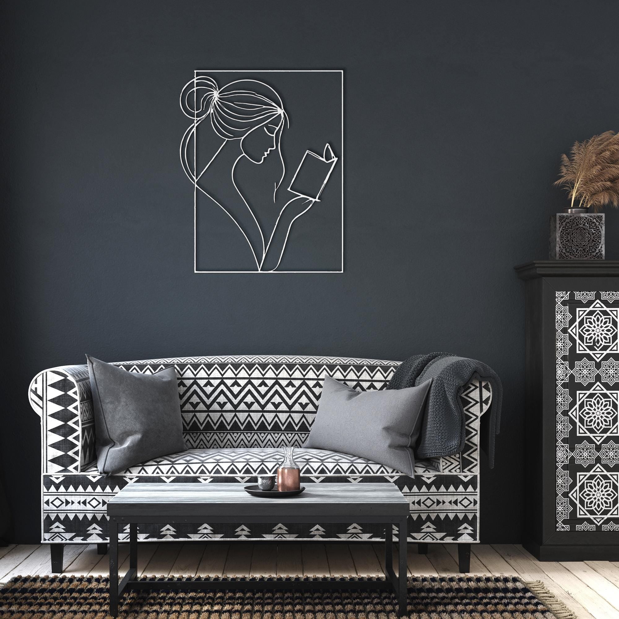 Woman Reading Metal Wall Art, Minimalist Line Art, Librarian Gift