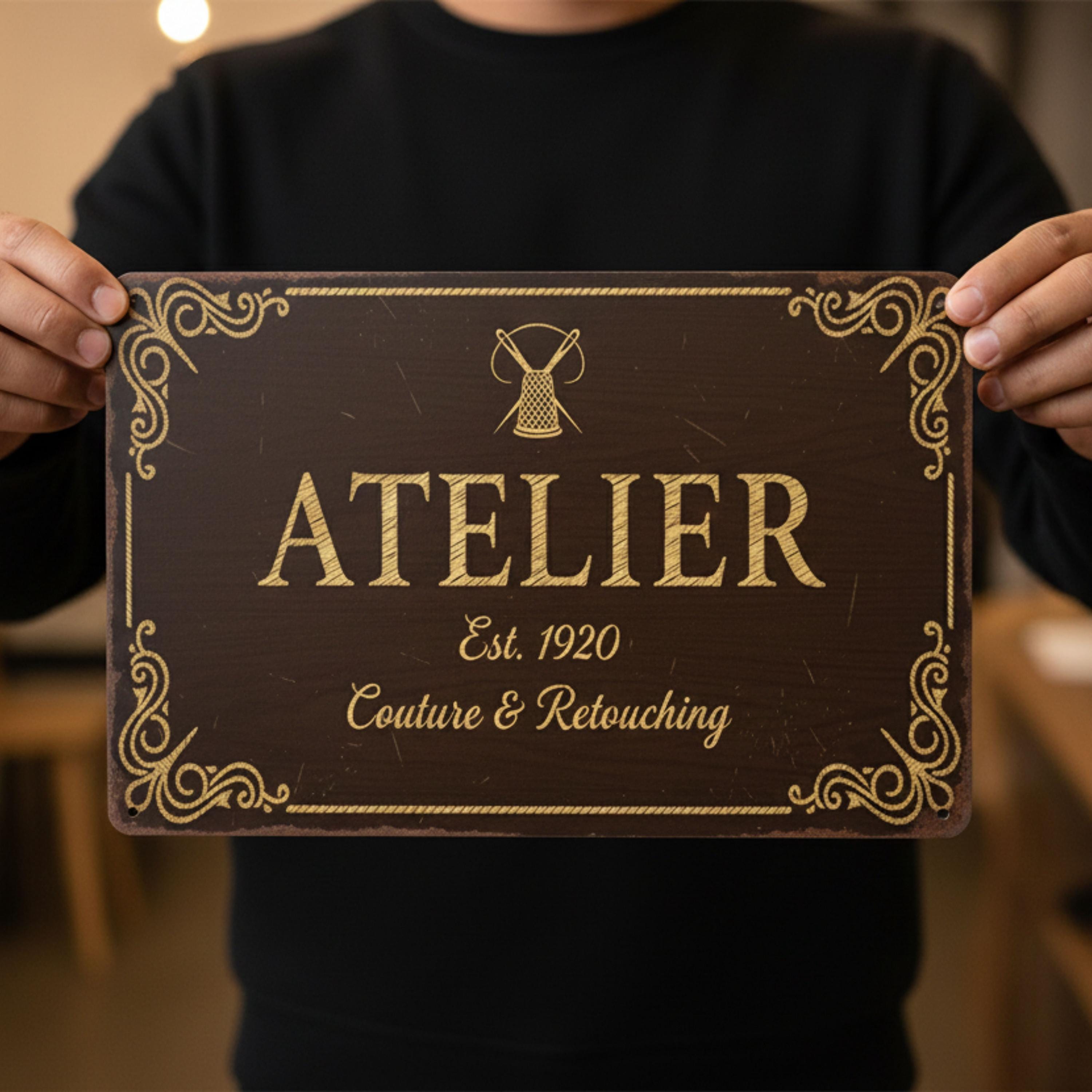 Atelier Metal Sign, Vintage Couture Retouching Art, Rustic Tailor Seamstress Decor