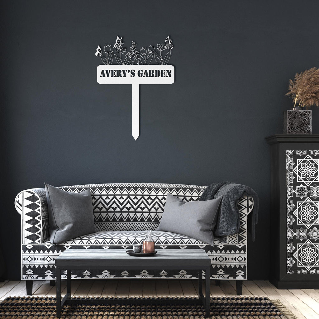 Custom Metal Garden Sign: Butterflies & Flowers, Personalized Name Plate