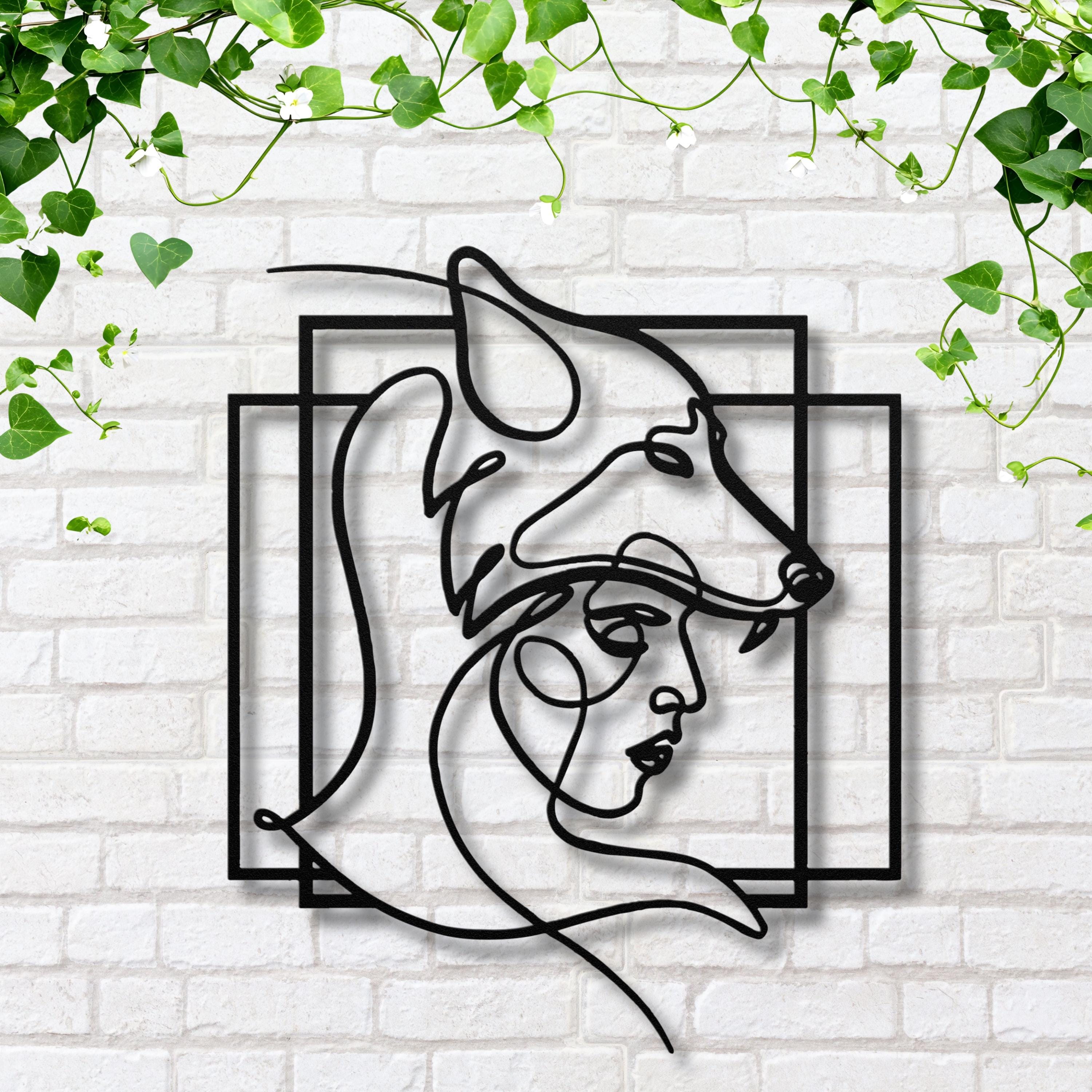 Woman and Wolf Metal Art, Minimalist Line Sign, Spirit Animal Decor, Wild Nature Gift, Black Metal Wall Art