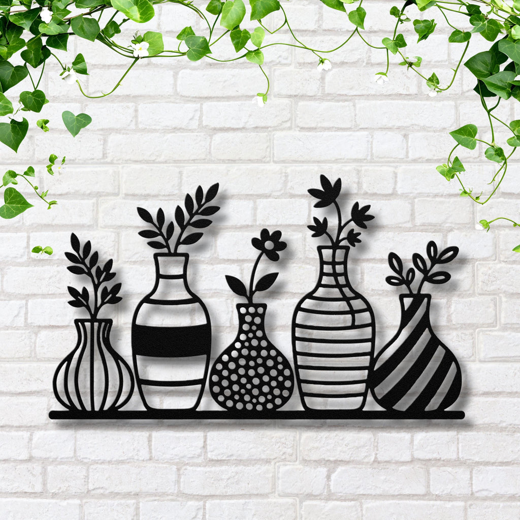 Flower Vases on Shelf Metal Wall Art | Modern Floral Decor | Minimalist Farmhouse Sign | Botanical Die Cut Gift