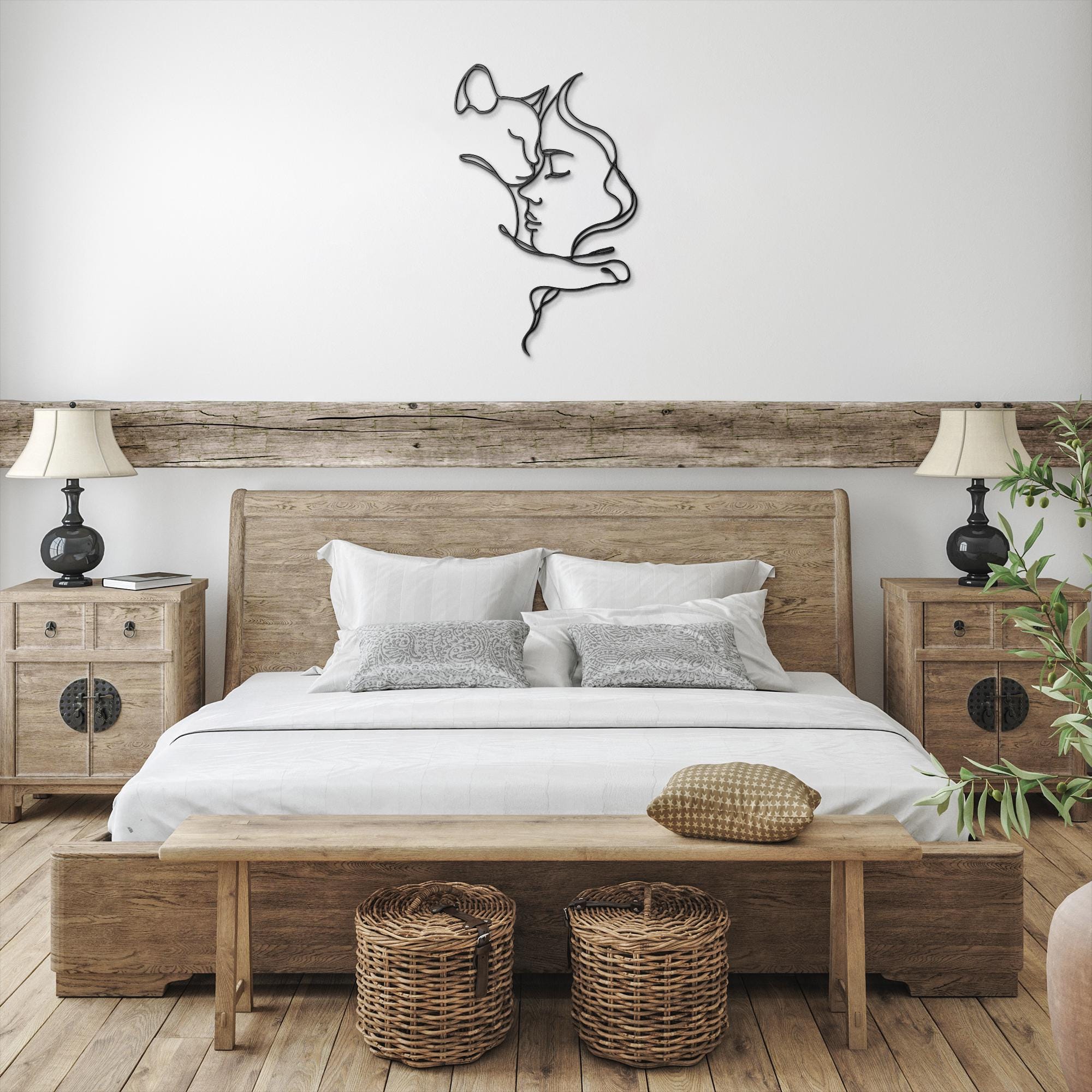 Woman and Cat Metal Line Art, Minimalist Feline Decor, Pet Lover Gift