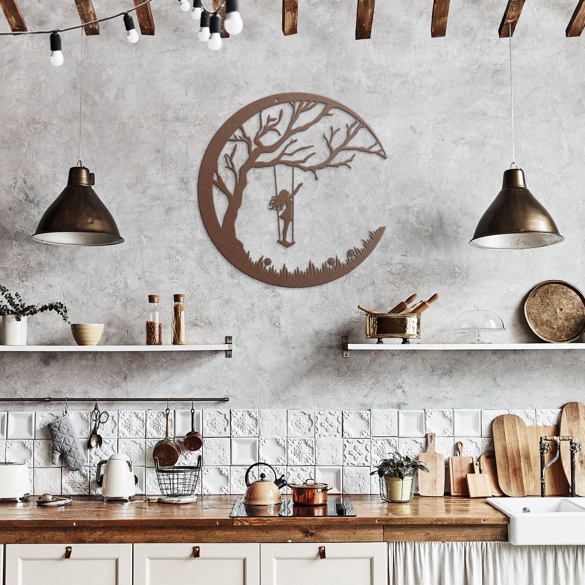 Girl on Swing Metal Wall Art, Crescent Moon Silhouette, Kids Room Decor