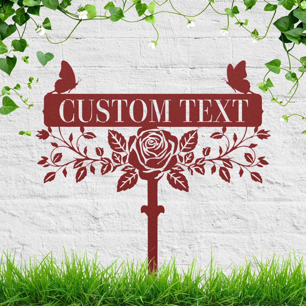 Custom Rose Garden Stake, Personalized Metal Sign, Butterfly Floral Yard Art Plaque