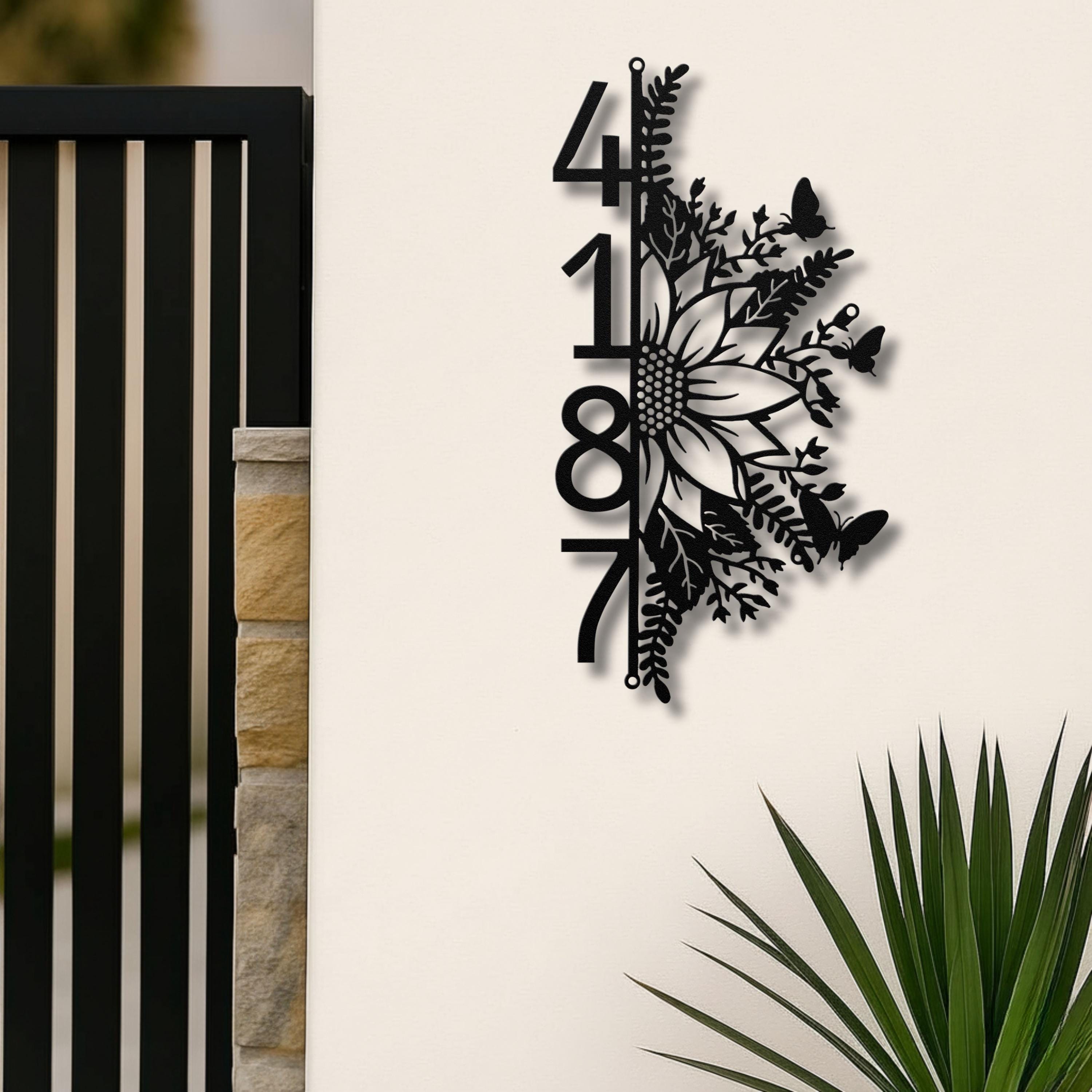 Vertical Sunflower Metal Address Sign, Custom House Numbers, Floral Plaque