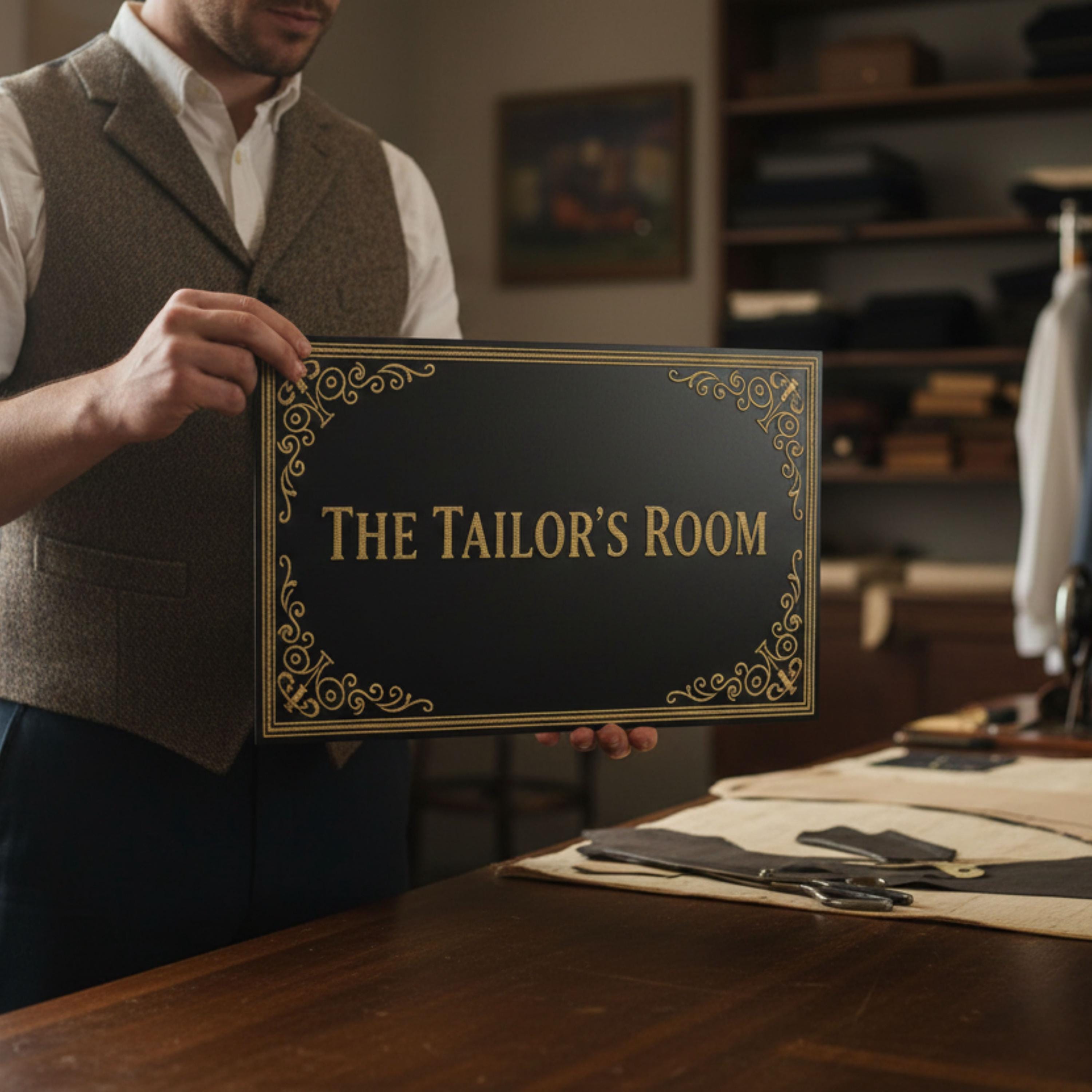 The Tailor's Room Metal Sign, Vintage Sewing Shop Decor, Luxurious Gold Thread Look Art