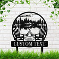 Rustic Campfire Metal Sign – Custom Text Metal Garden Sign with Deer and Cabin Scenery