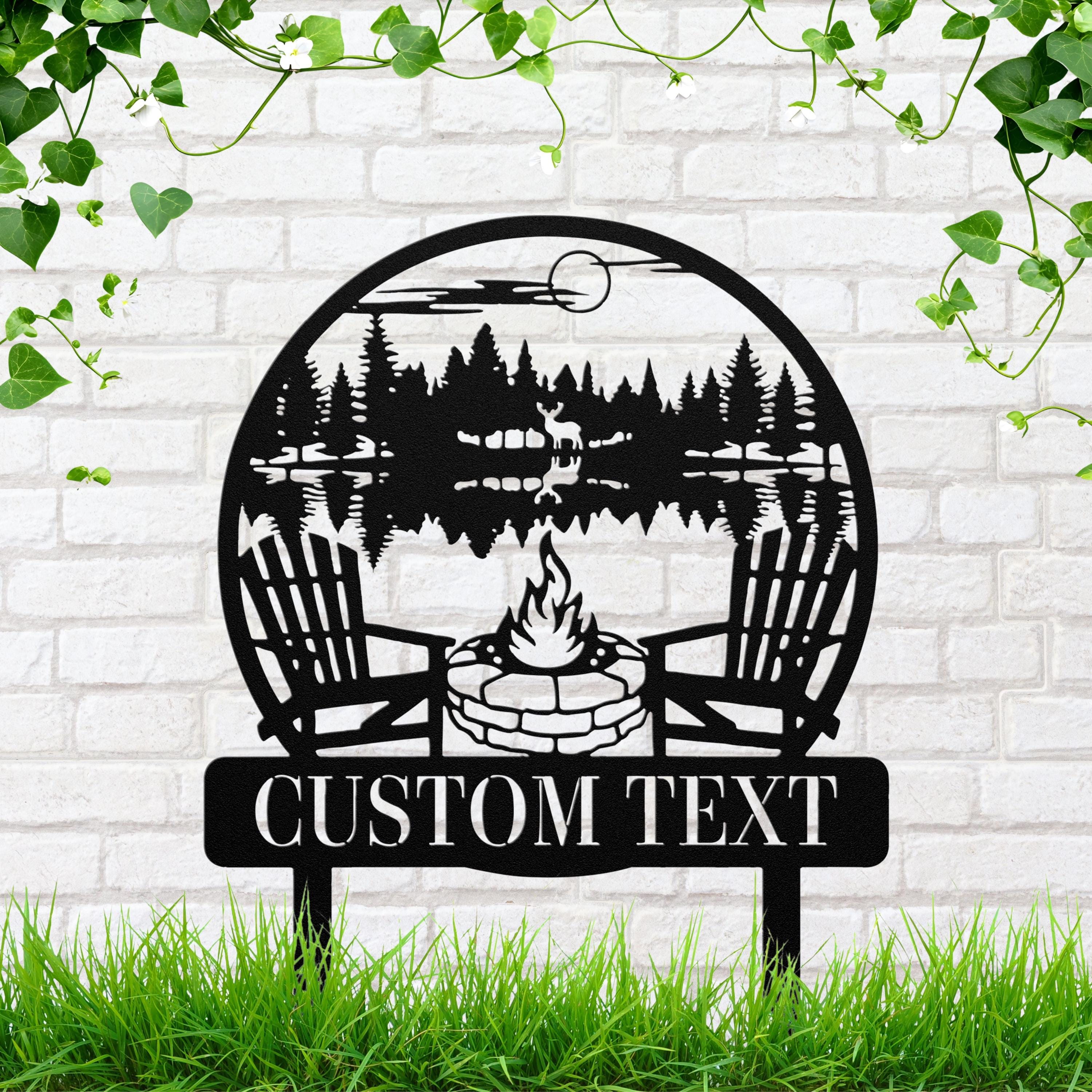 Rustic Campfire Metal Sign – Custom Text Metal Garden Sign with Deer and Cabin Scenery