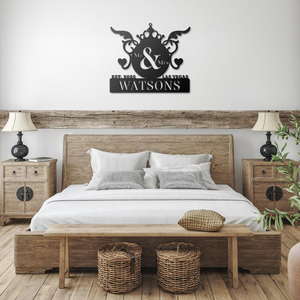 Personalized Wedding Sign, Mr & Mrs Monogram, Custom Last Name Metal Art, Crown Heart Die Cut