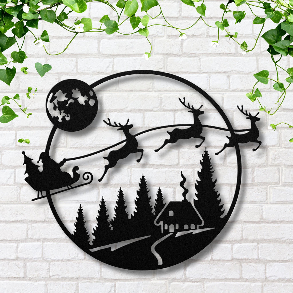 Santa Sleigh Metal Sign | Flying Reindeer Christmas Decor | Cabin Winter Scene | Round Holiday Die-Cut Wall Art