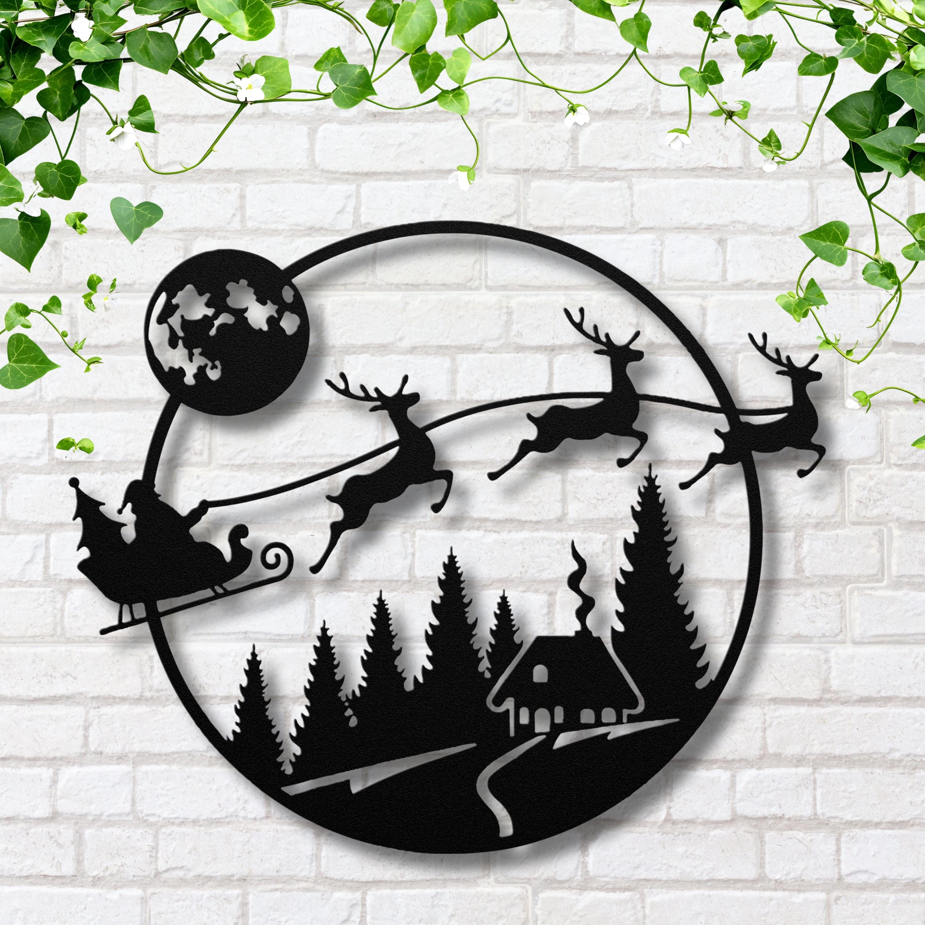 Santa Sleigh Metal Sign | Flying Reindeer Christmas Decor | Cabin Winter Scene | Round Holiday Die-Cut Wall Art