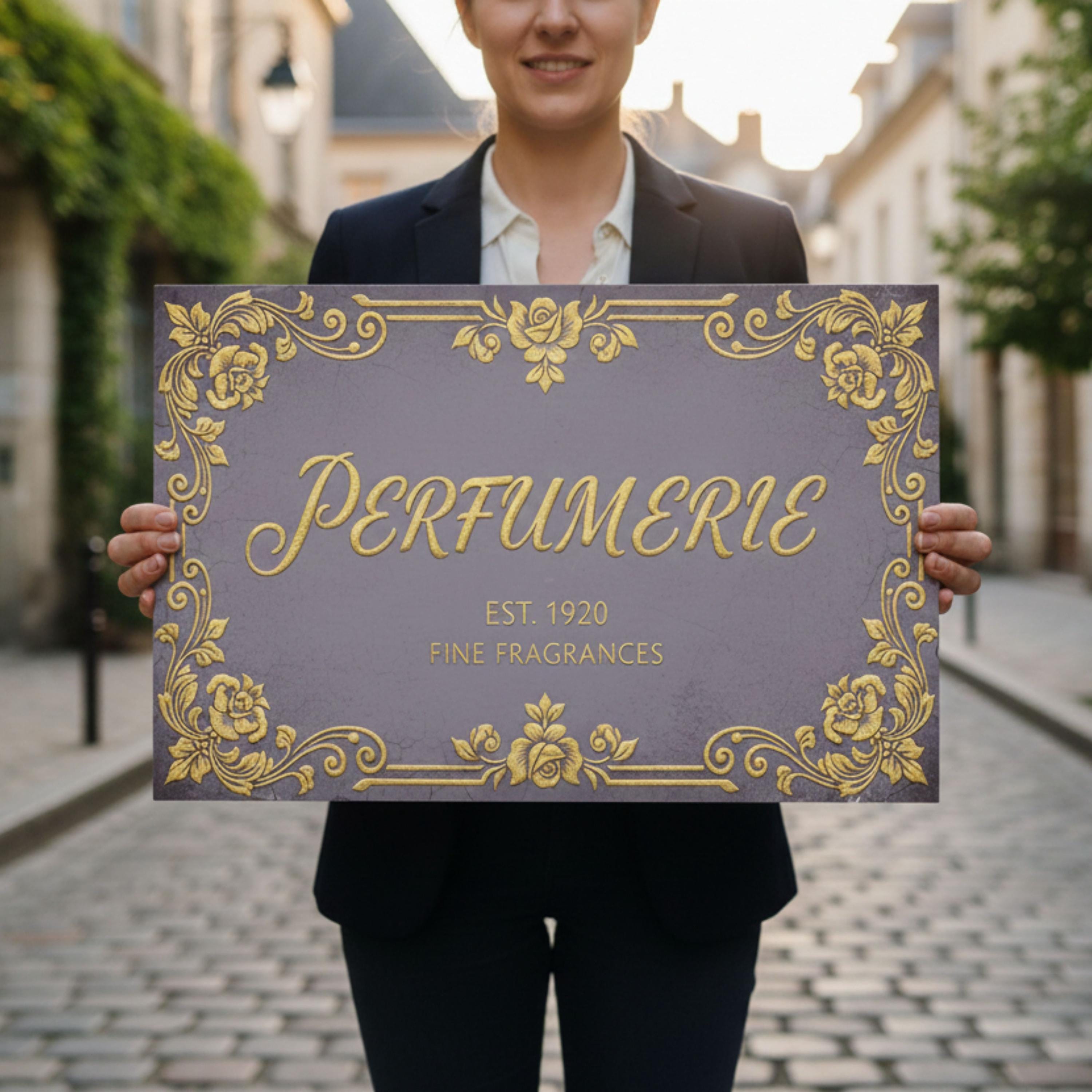 Perfumerie Metal Sign, Vintage Fragrance Store Decor, Est. 1920 Gold Scroll Wall Art