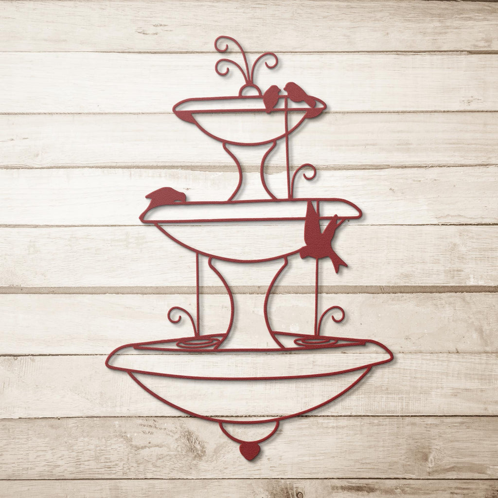 Tiered Fountain Metal Wall Art, Garden Bird Bath Decor, Elegant Nature Silhouette Sign