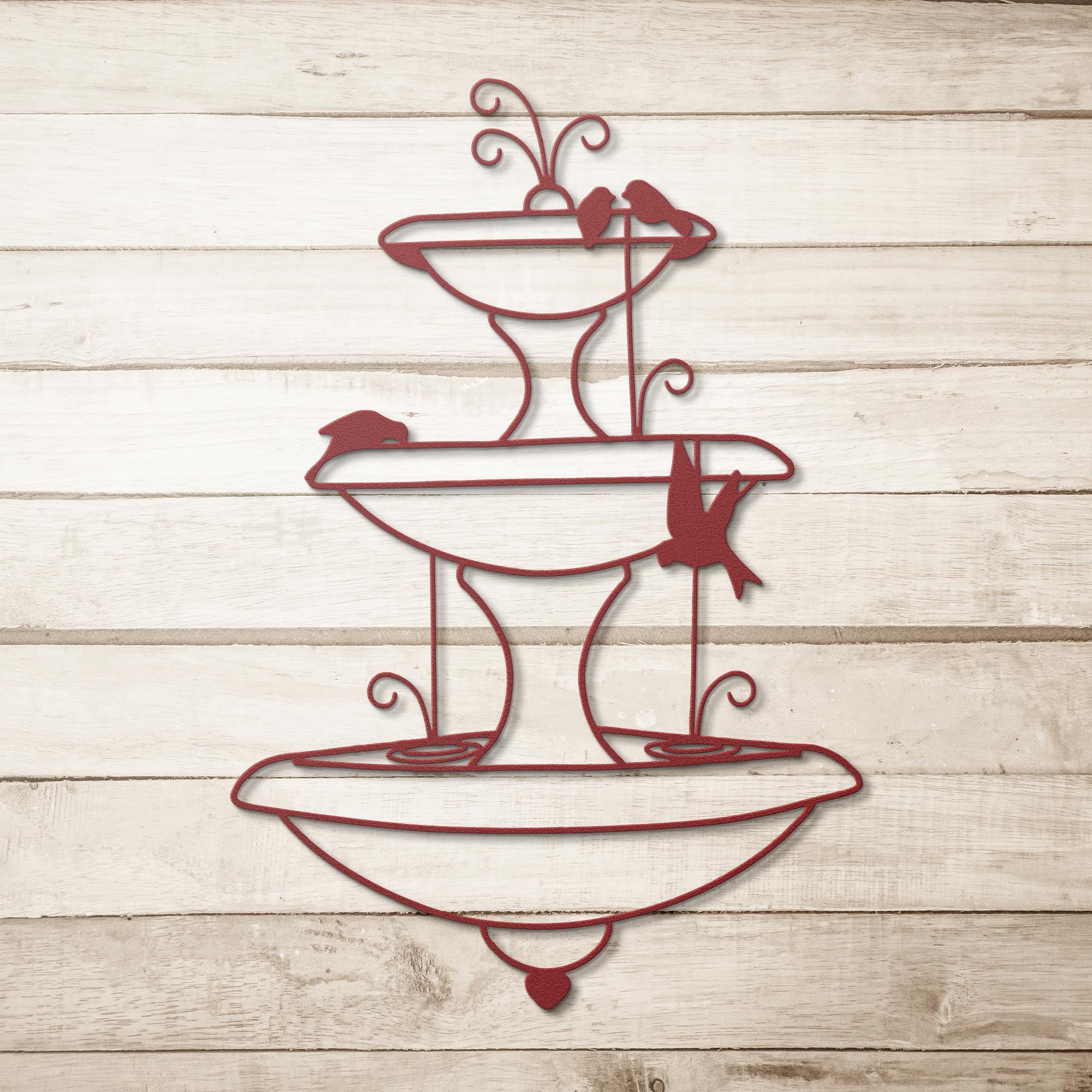 Tiered Fountain Metal Wall Art, Garden Bird Bath Decor, Elegant Nature Silhouette Sign