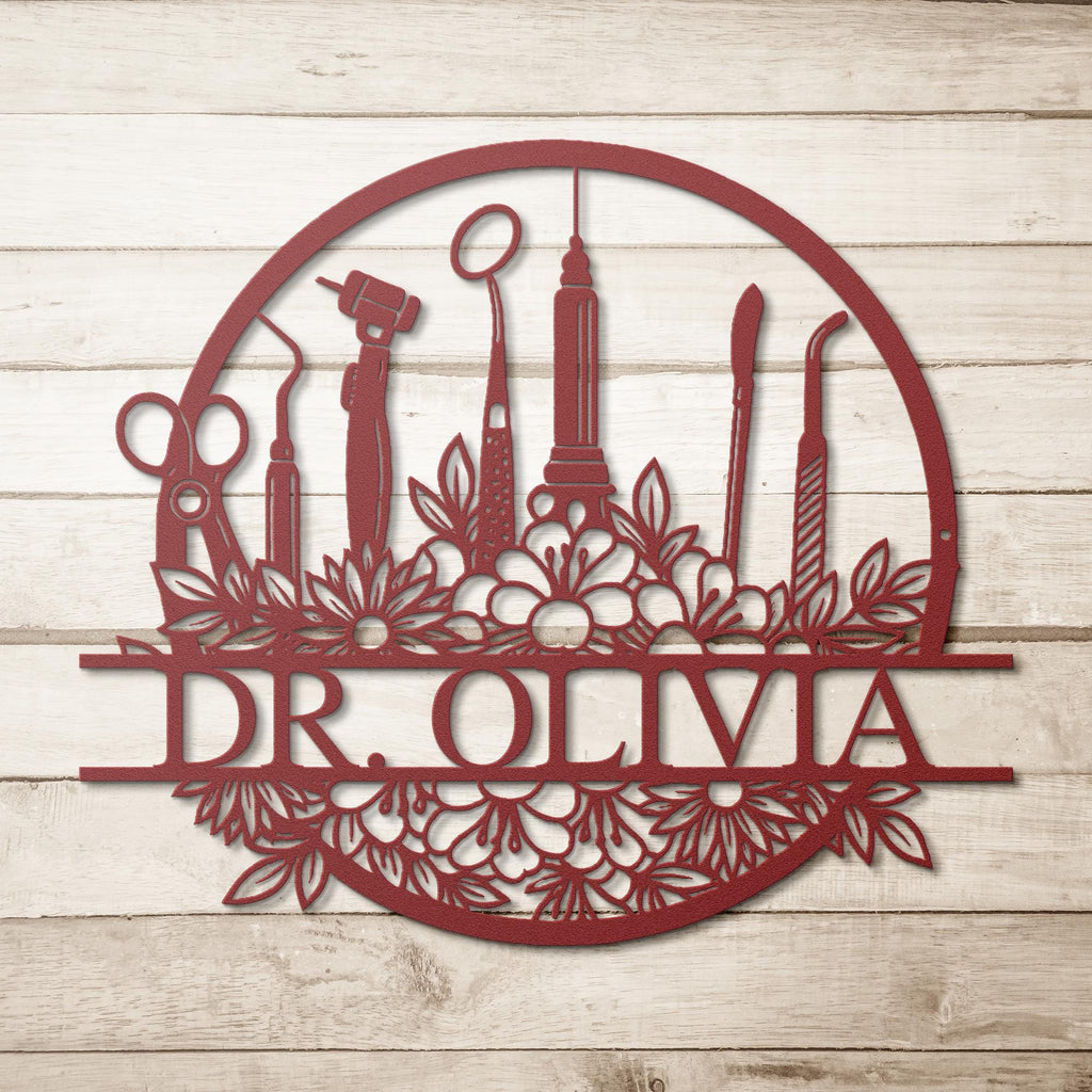 Personalized Dentist Metal Sign, Floral Dental Office Decor