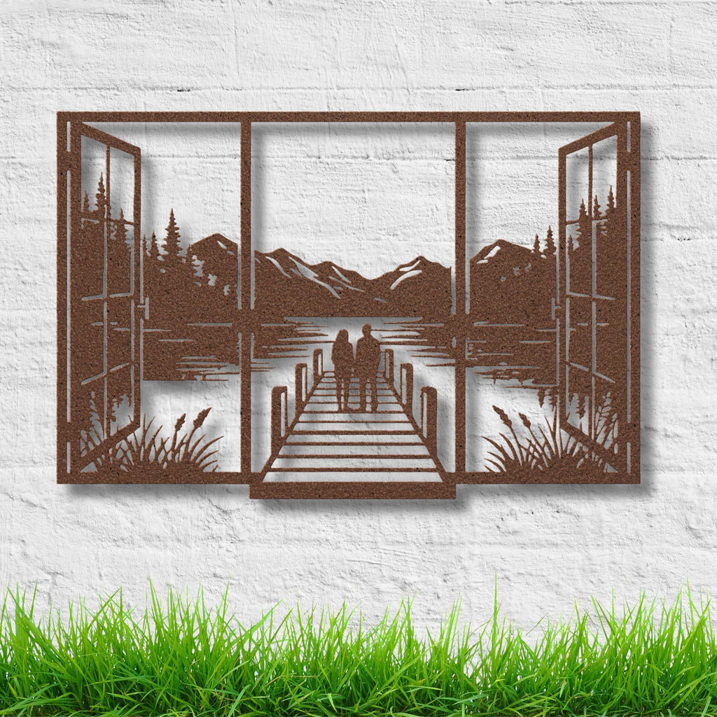 Couple on Dock Metal Wall Art, Lake House Window Decor, Romantic Mountain Sign, Love Gift