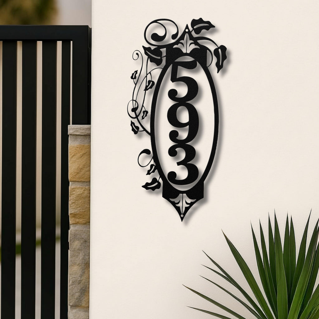 Metal House Number Sign - Custom Address Plaque | Vertical Metal Sign with Ivy Wall Decor