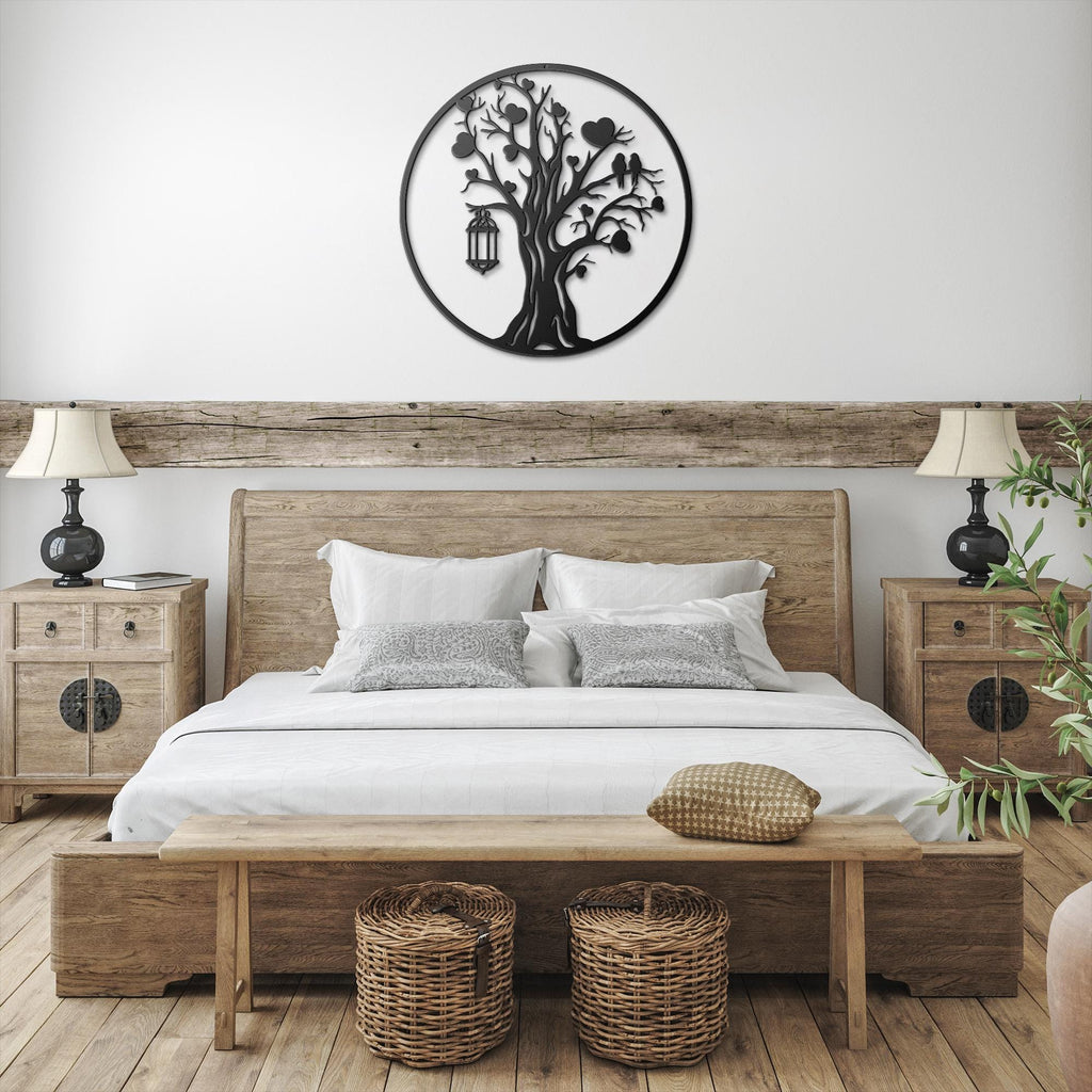 Tree of Life Metal Art – Heart Tree Sign With Love Birds Lantern, Family Sculpture