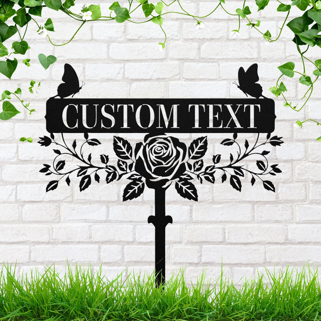 Custom Rose Garden Stake, Personalized Metal Sign, Butterfly Floral Yard Art Plaque