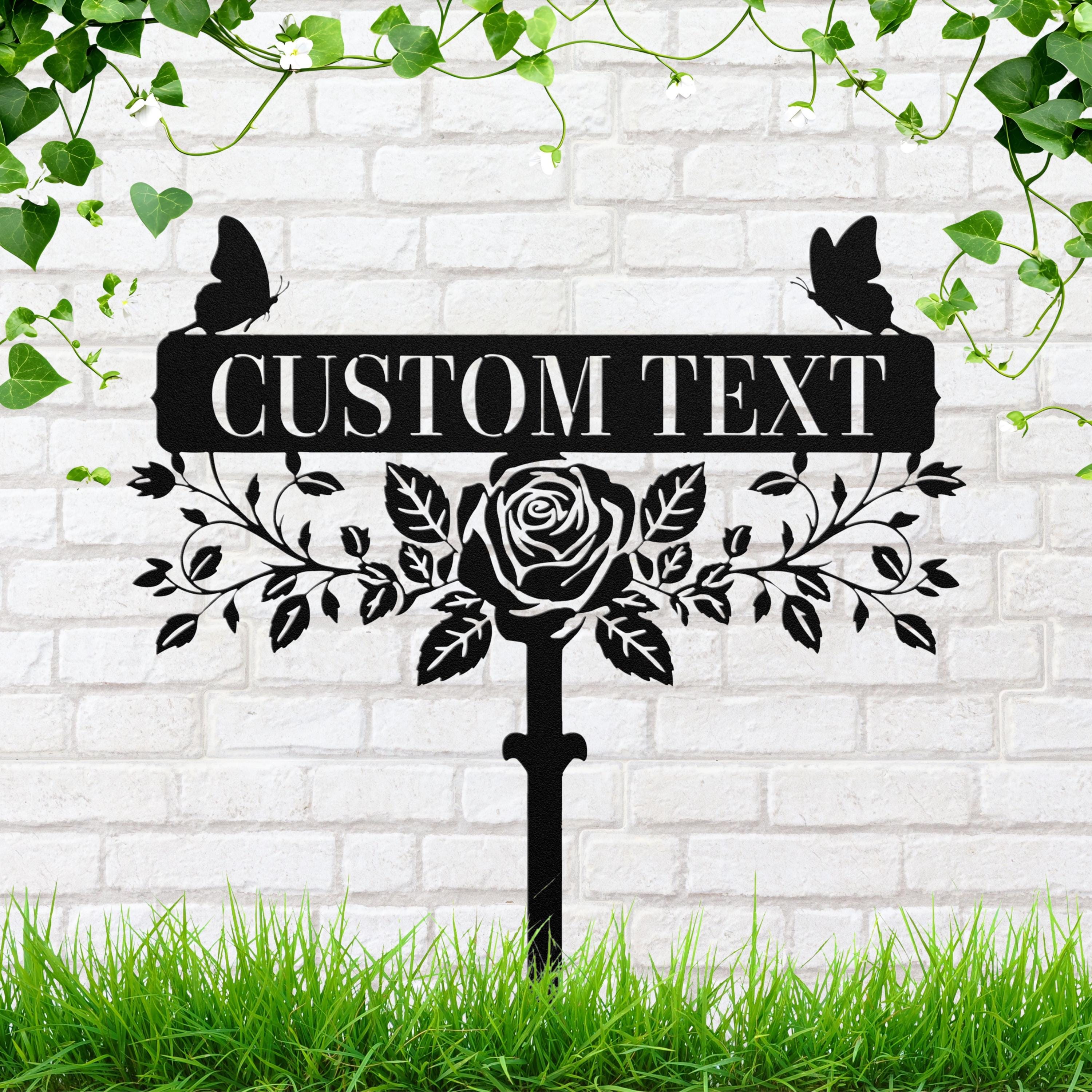 Custom Rose Garden Stake, Personalized Metal Sign, Butterfly Floral Yard Art Plaque