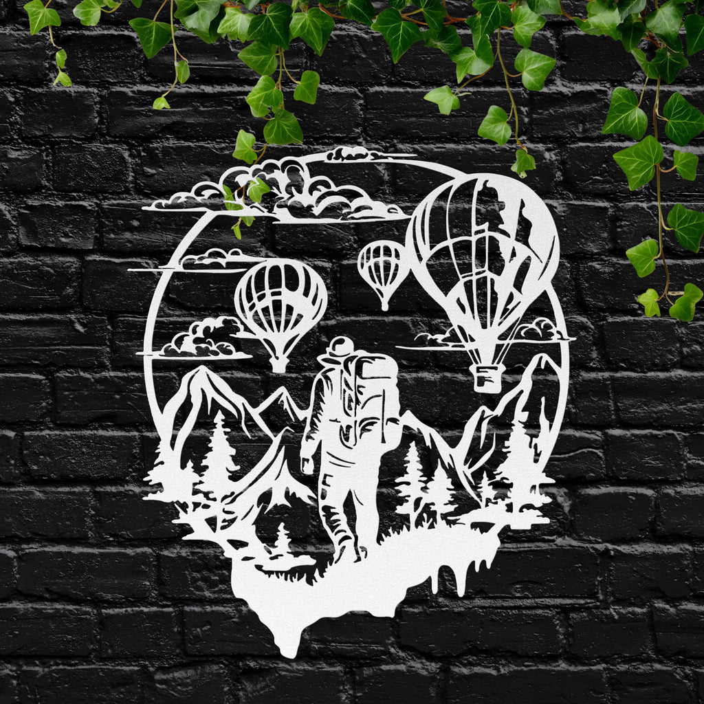 Adventure Hiker Hot Air Balloon Metal Wall Art | Travel Nature Scene Decor | Black Die-Cut Mountain Home Gift