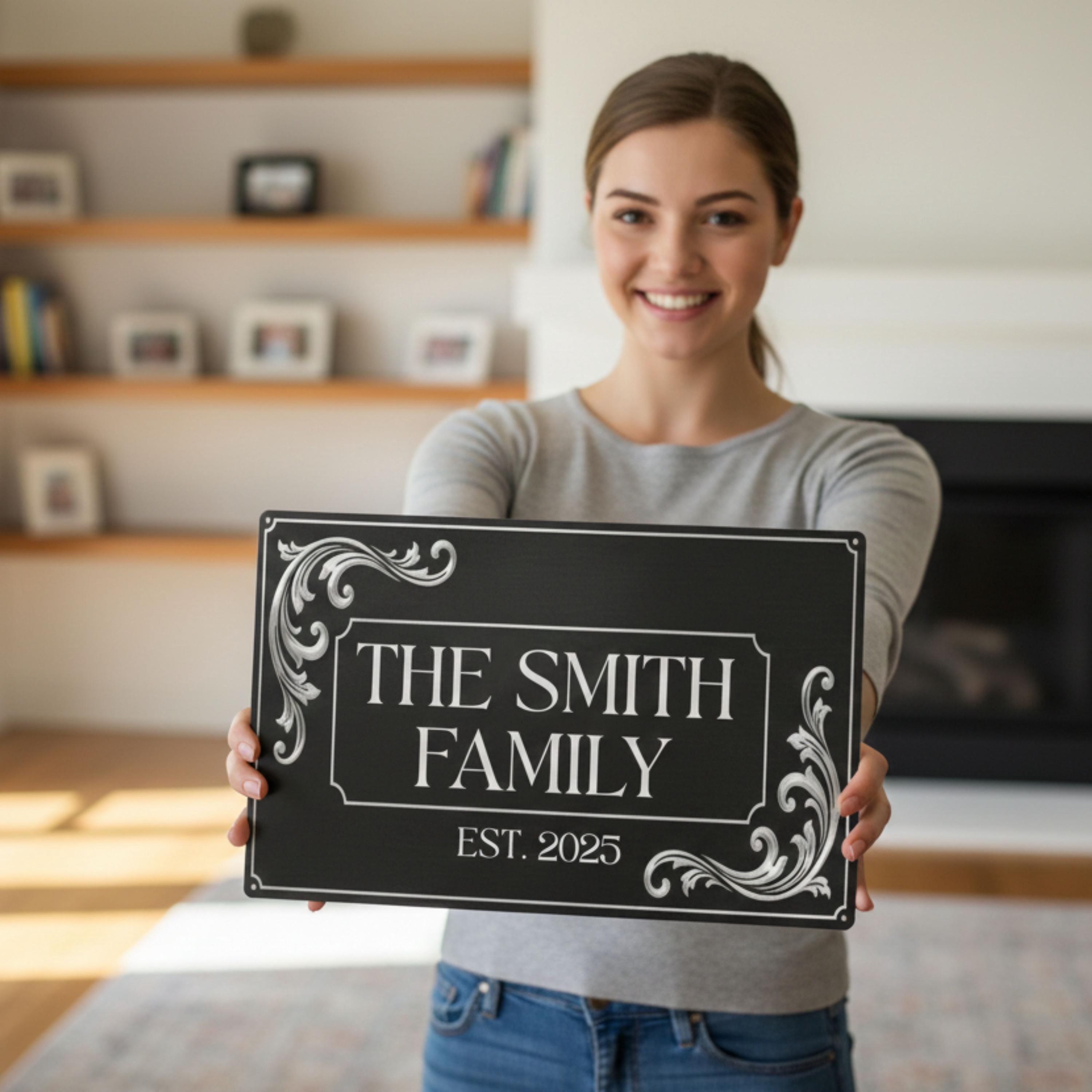 Personalized Metal Sign – Elegant Family Name Plaque with Baroque Corner Design
