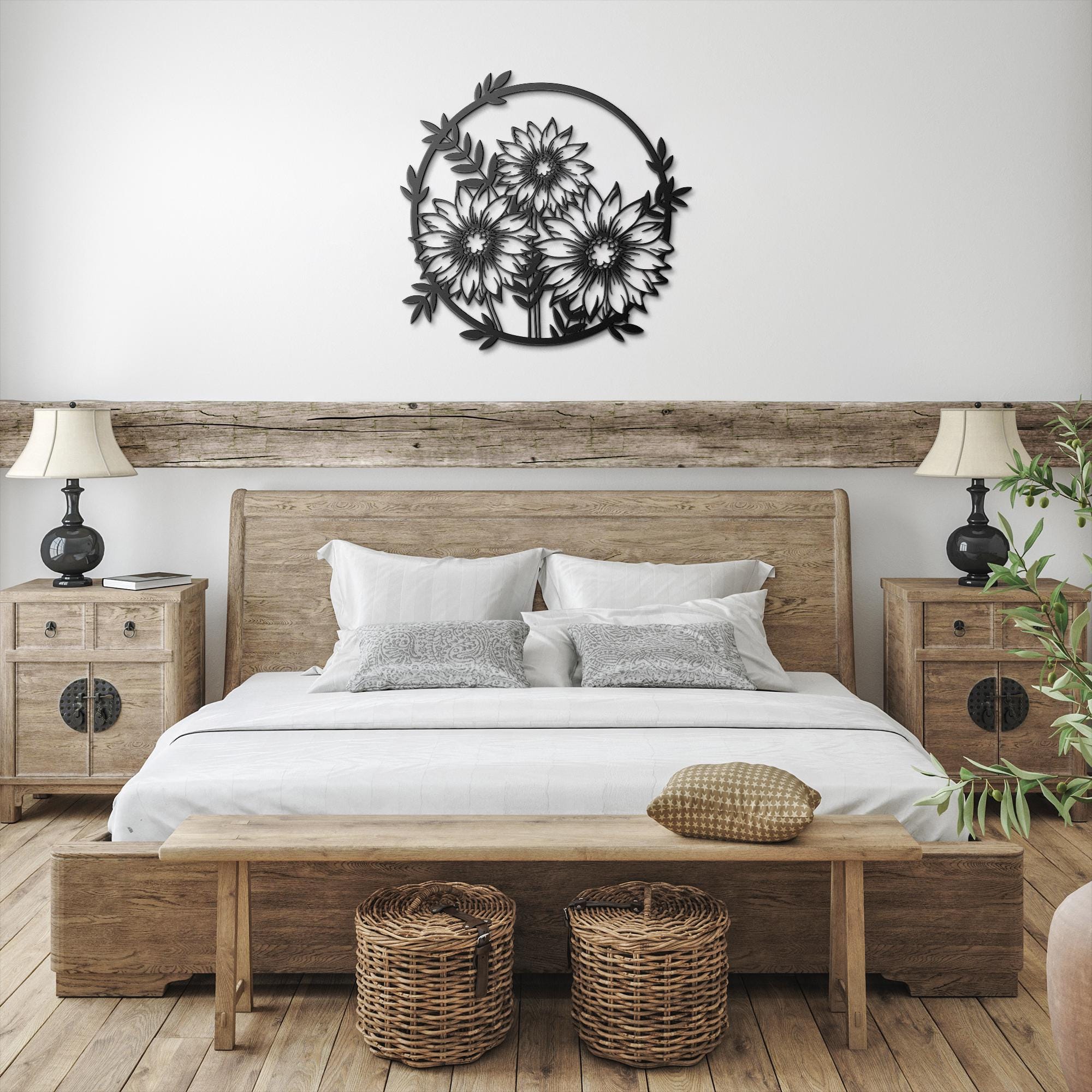 Sunflower Metal Wall Art - Rustic Farmhouse Floral Outline Decor With Metal Flower Ring