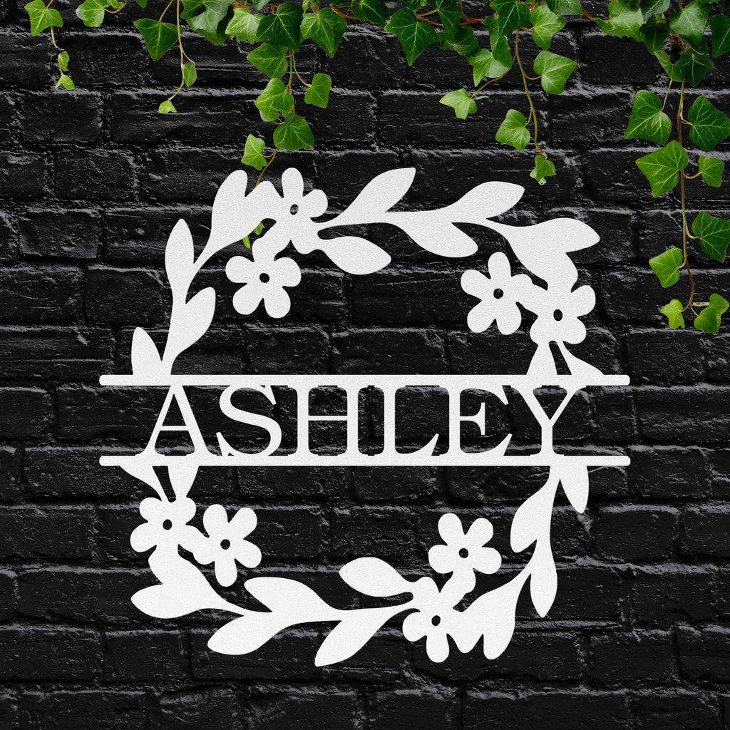 Personalized Metal Name Sign, Floral Wreath Monogram Door Hanger