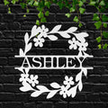 Personalized Metal Name Sign, Floral Wreath Monogram Door Hanger