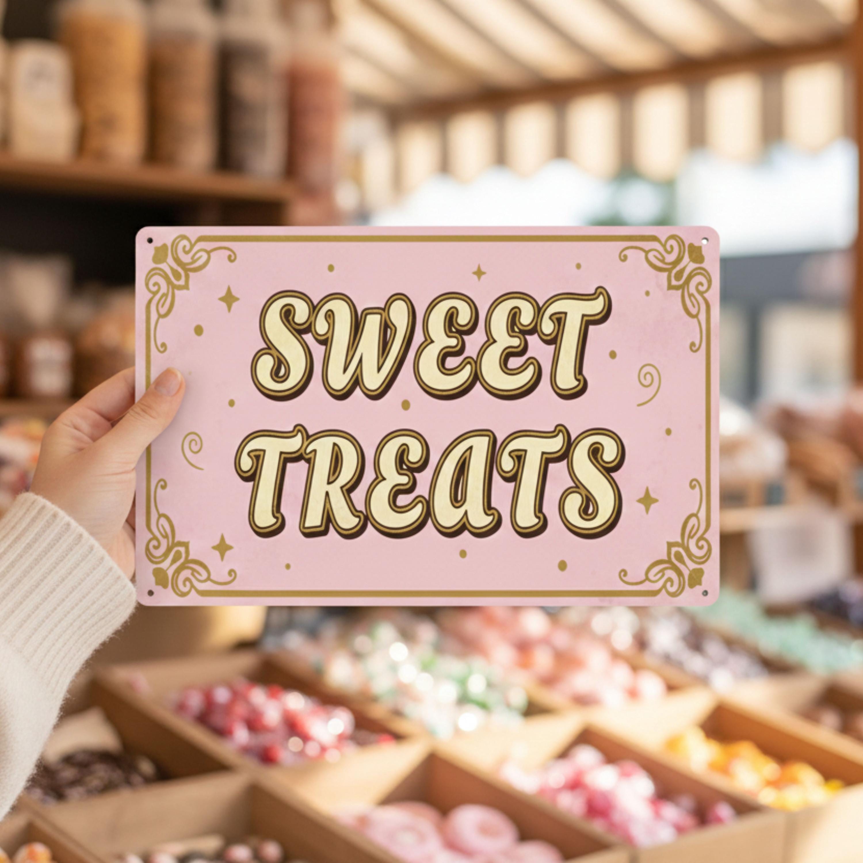 Sweet Treats Metal Sign, Retro Bakery Decor, Pink Confectionery Wall Art, Vintage Dessert Gift
