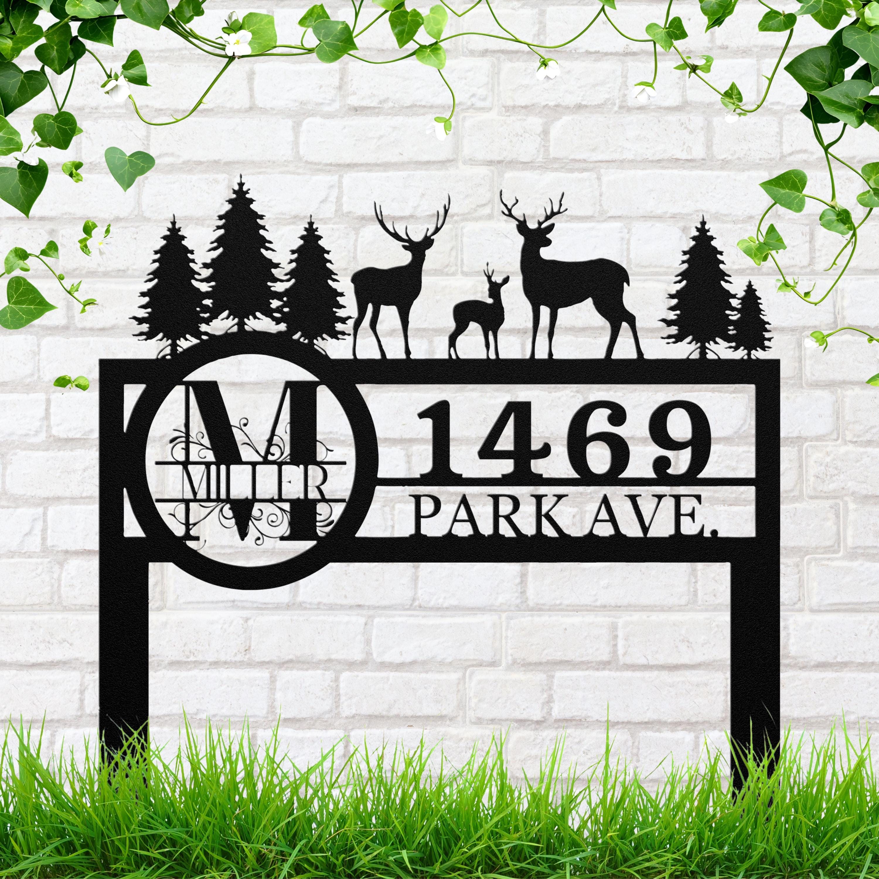 Deer Family Monogram Address Sign, Personalized Metal Yard Stake, Custom House Number Plaque, Woodland Rustic New Home Gift