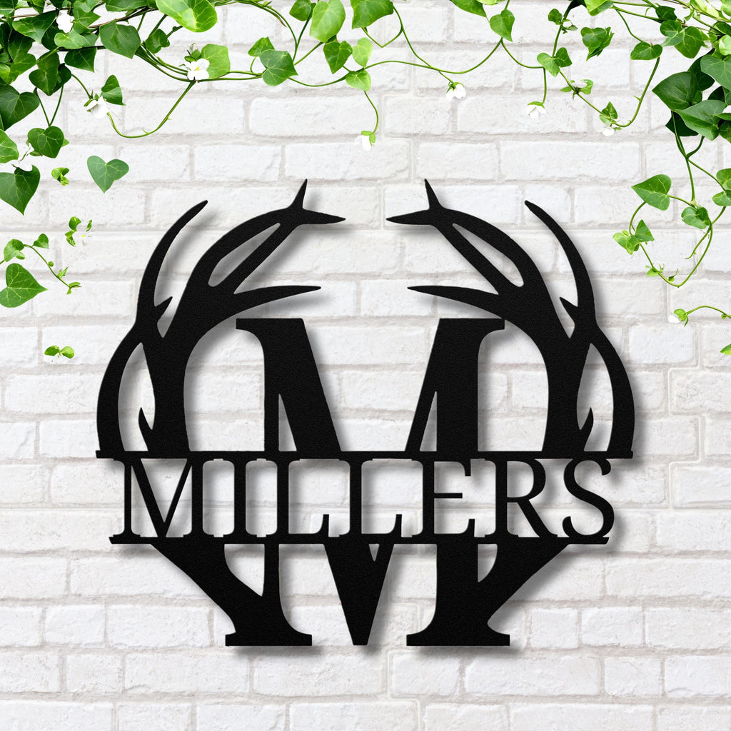 Custom Antler Monogram Metal Sign, Personalized Family Last Name Plaque, Rustic Wall Art