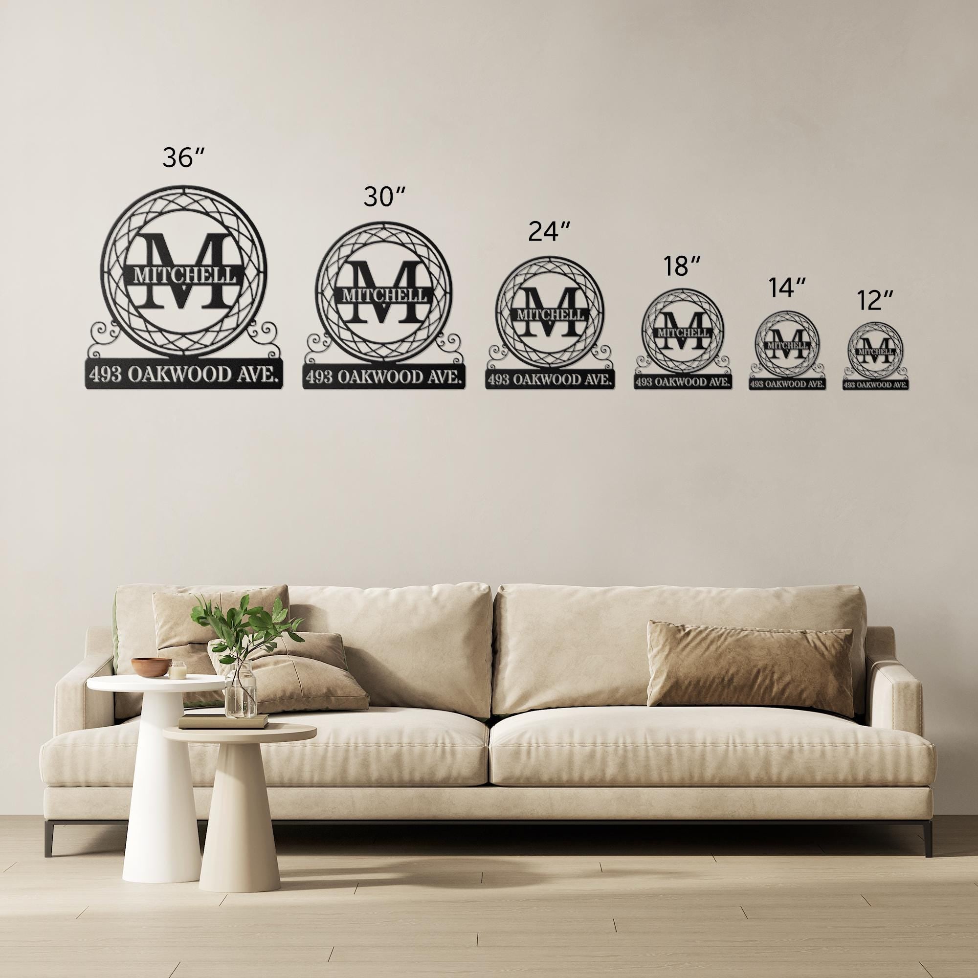 Custom Metal Address Sign - Round Metal Plaque with House Number & Family Monogram