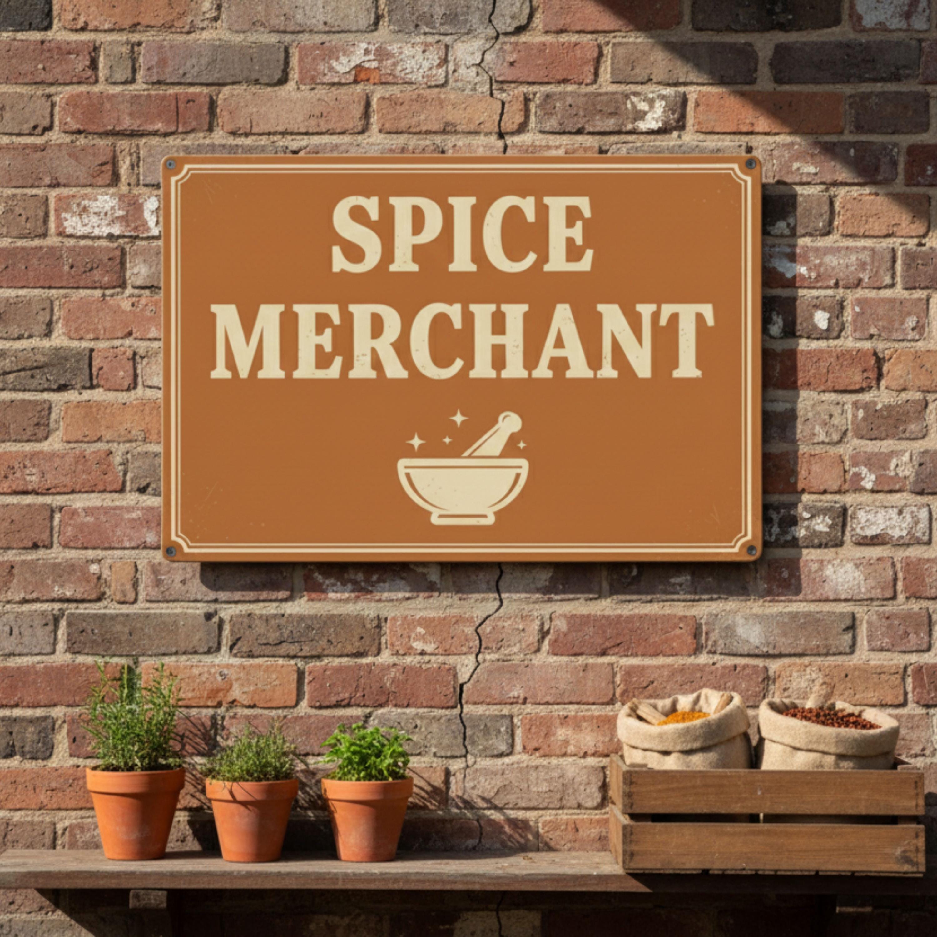 Rustic Spice Merchant Sign, Kitchen Wall Art, Mortar Pestle Metal Plaque, Food Store Decor
