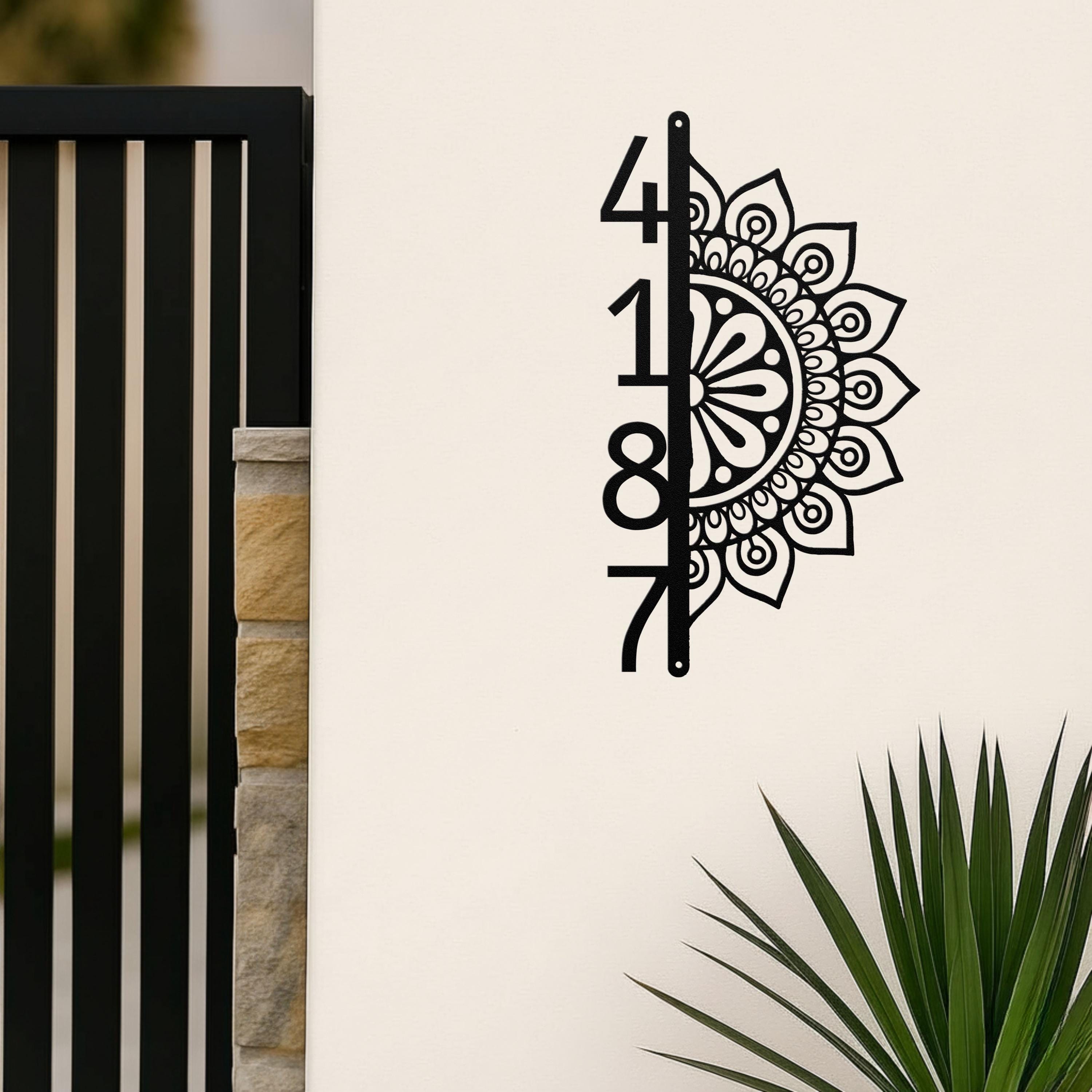 Vertical House Numbers Metal Sign, Half Mandala Address Plaque